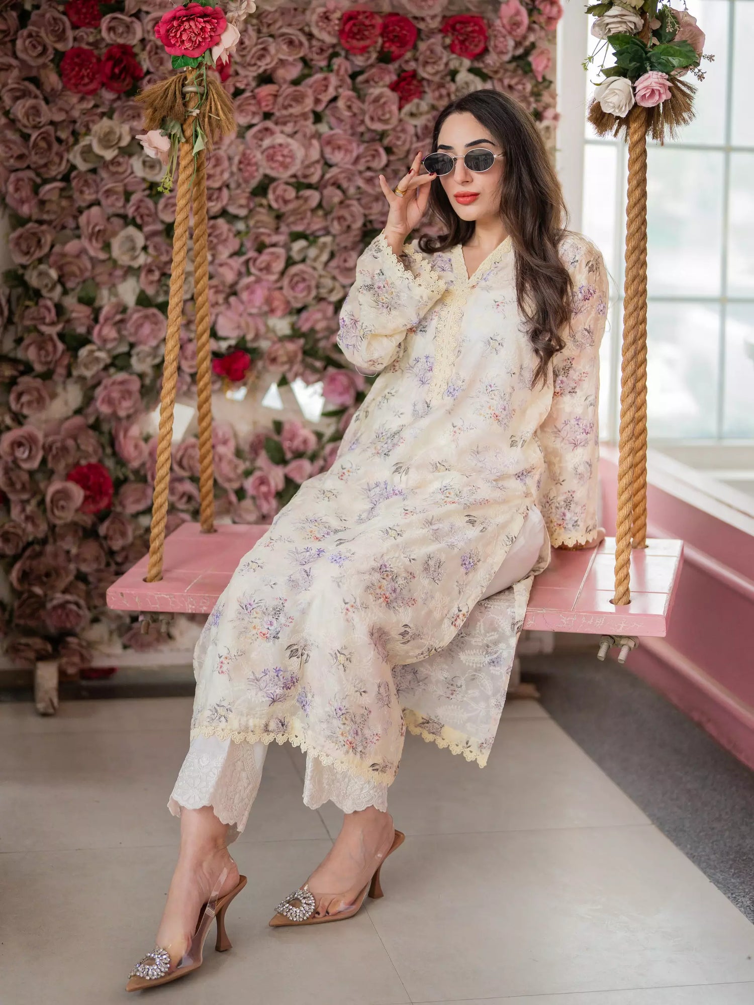 Butter yellow floral chikankari printed kurta for women
