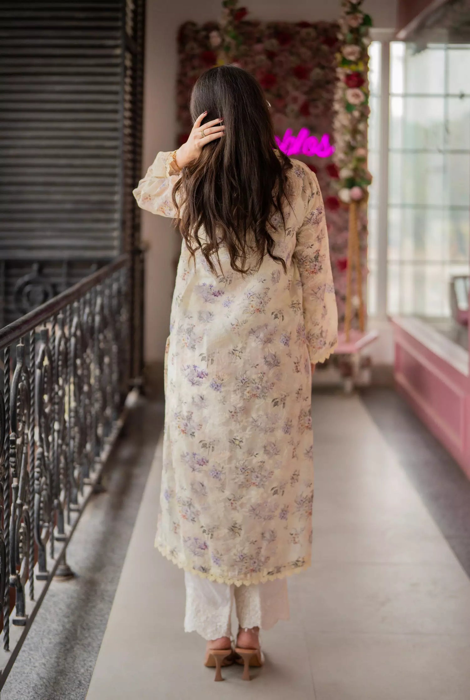 Butter yellow floral chikankari printed kurta for women