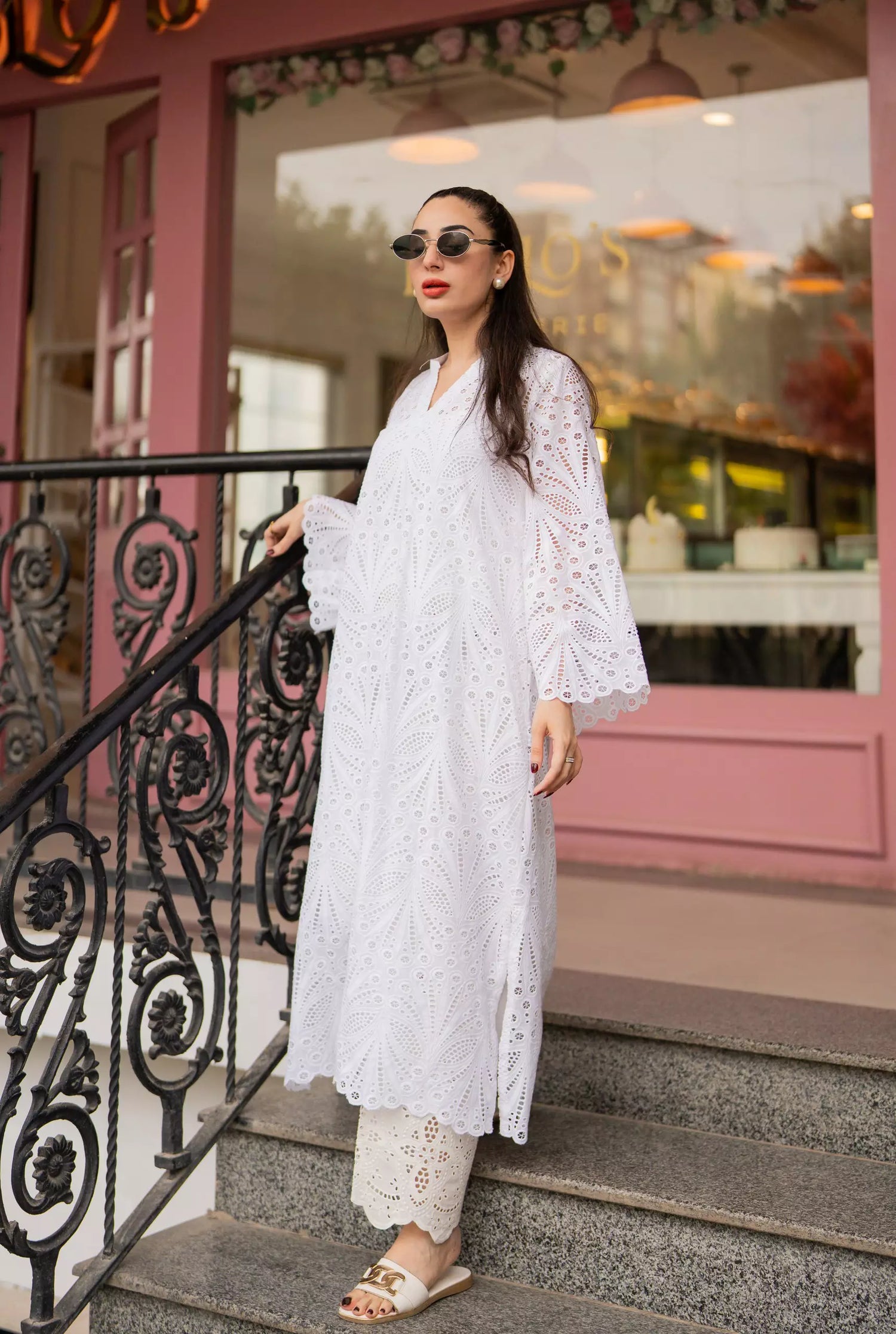 White cutwork kurta with flared sleeves and V-neckline