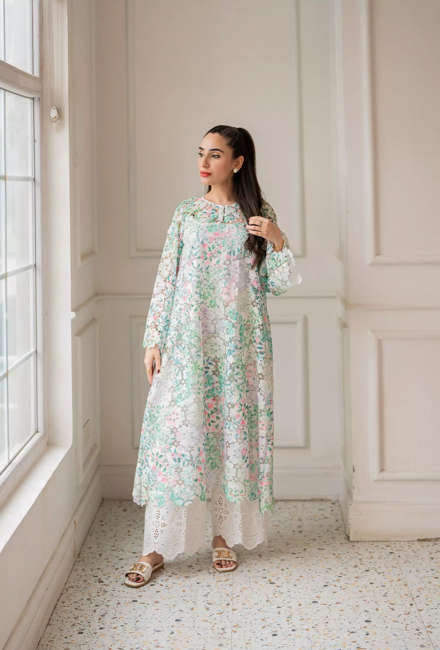 Floral cutwork kaftan shirt with flared sleeves for women