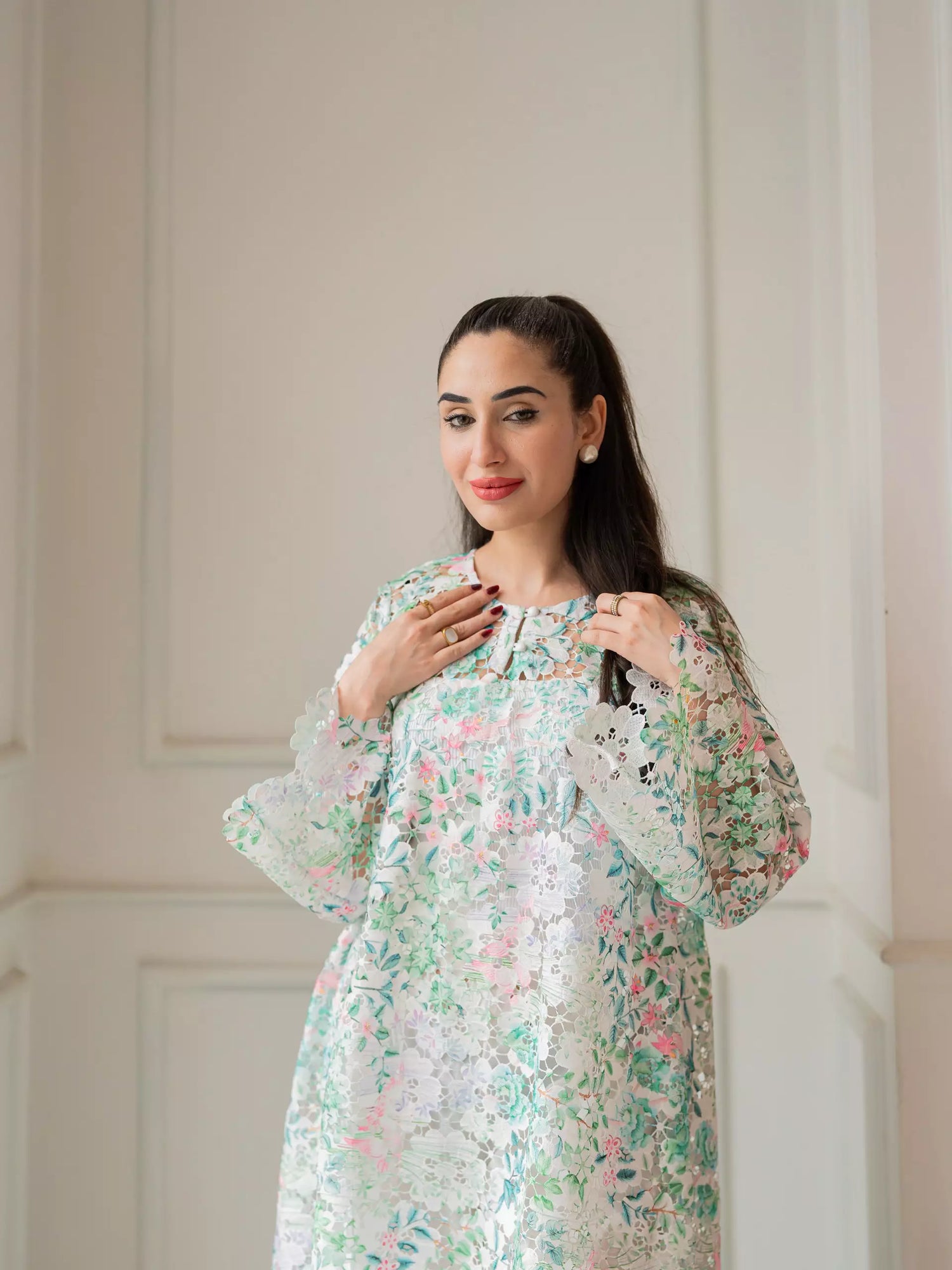 Floral cutwork kaftan shirt with flared sleeves for women