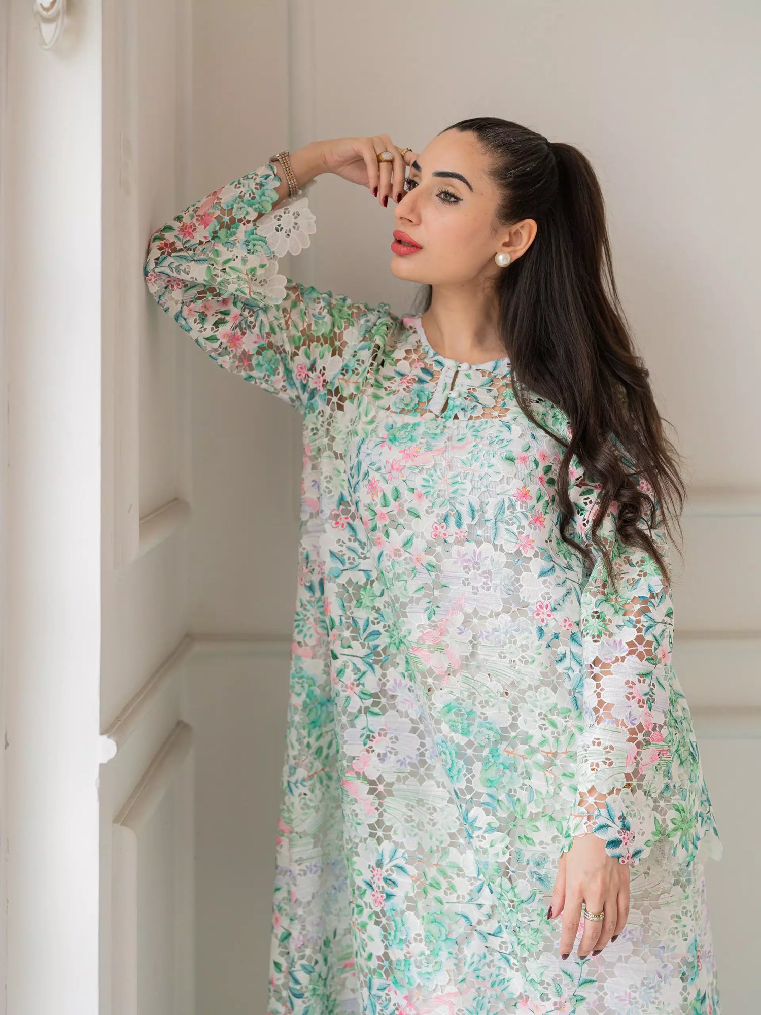 Floral cutwork kaftan shirt with flared sleeves for women