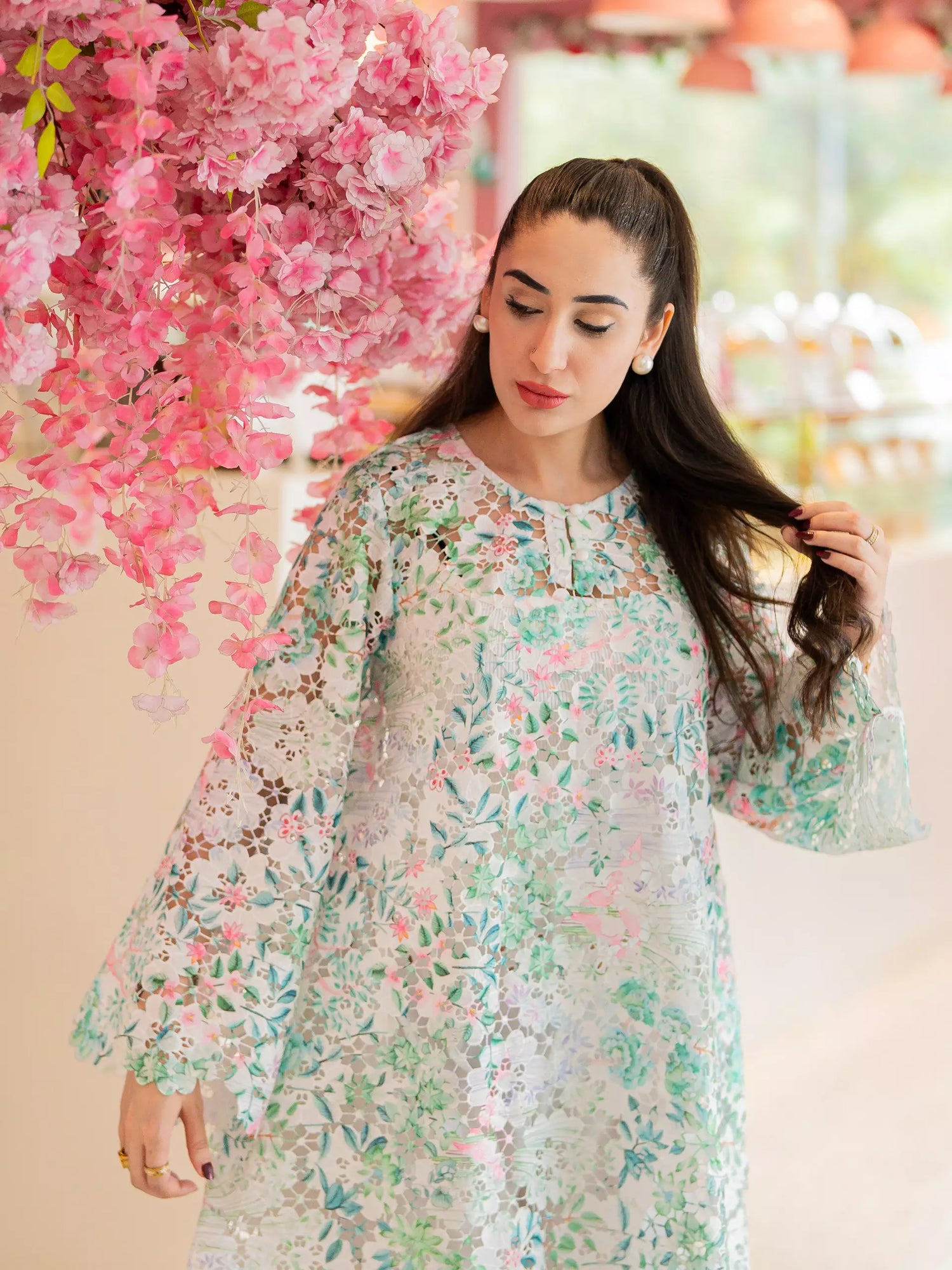 Floral cutwork kaftan shirt with flared sleeves for women