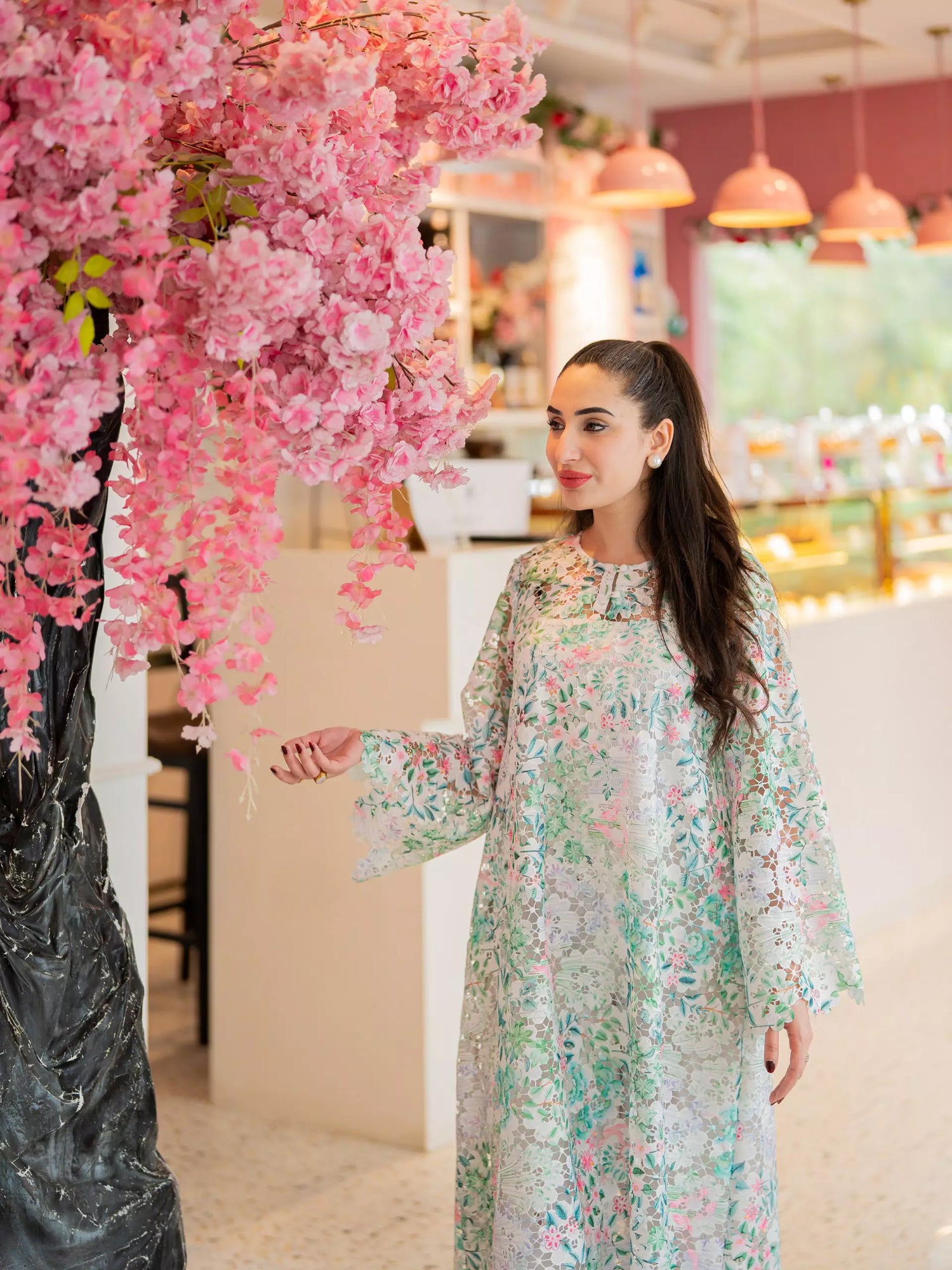 Floral cutwork kaftan shirt with flared sleeves for women