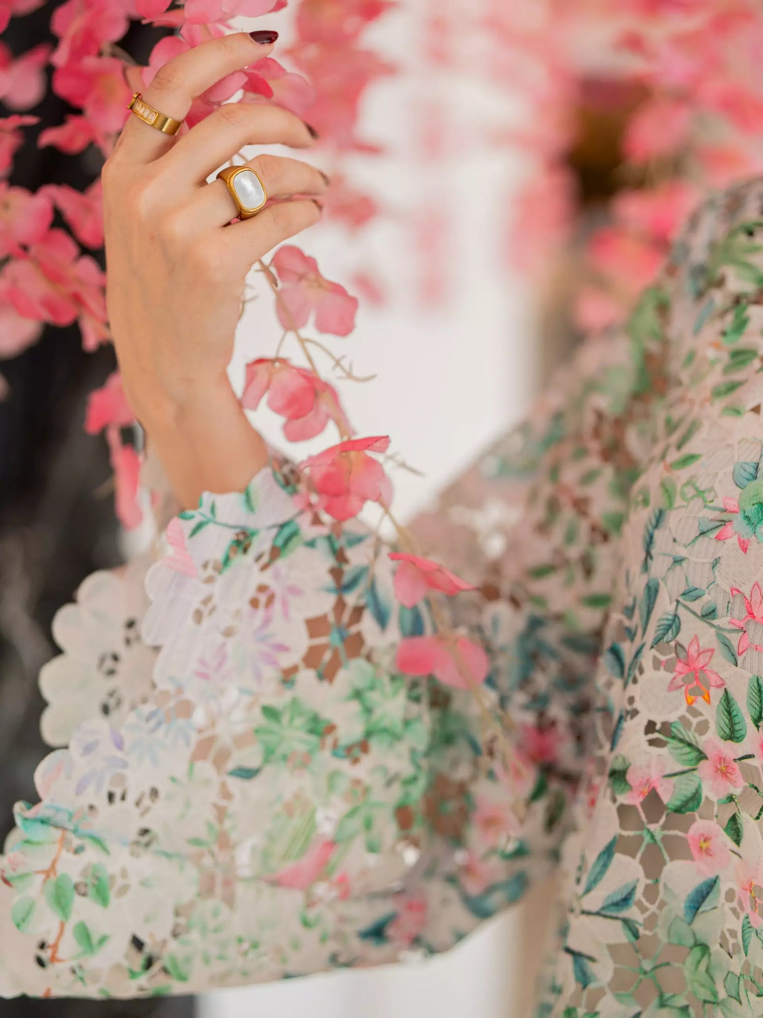 Floral cutwork kaftan shirt with flared sleeves for women