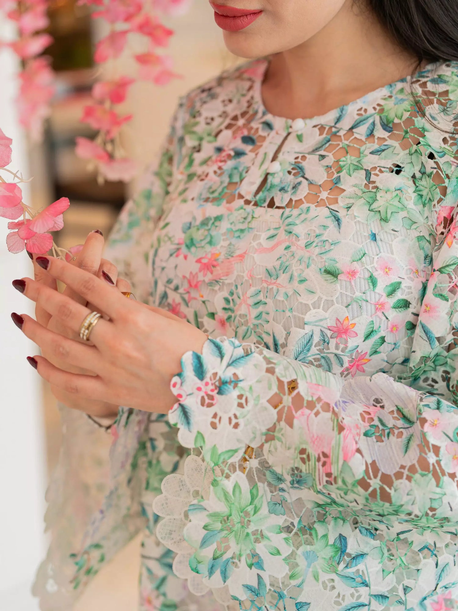 Floral cutwork kaftan shirt with flared sleeves for women