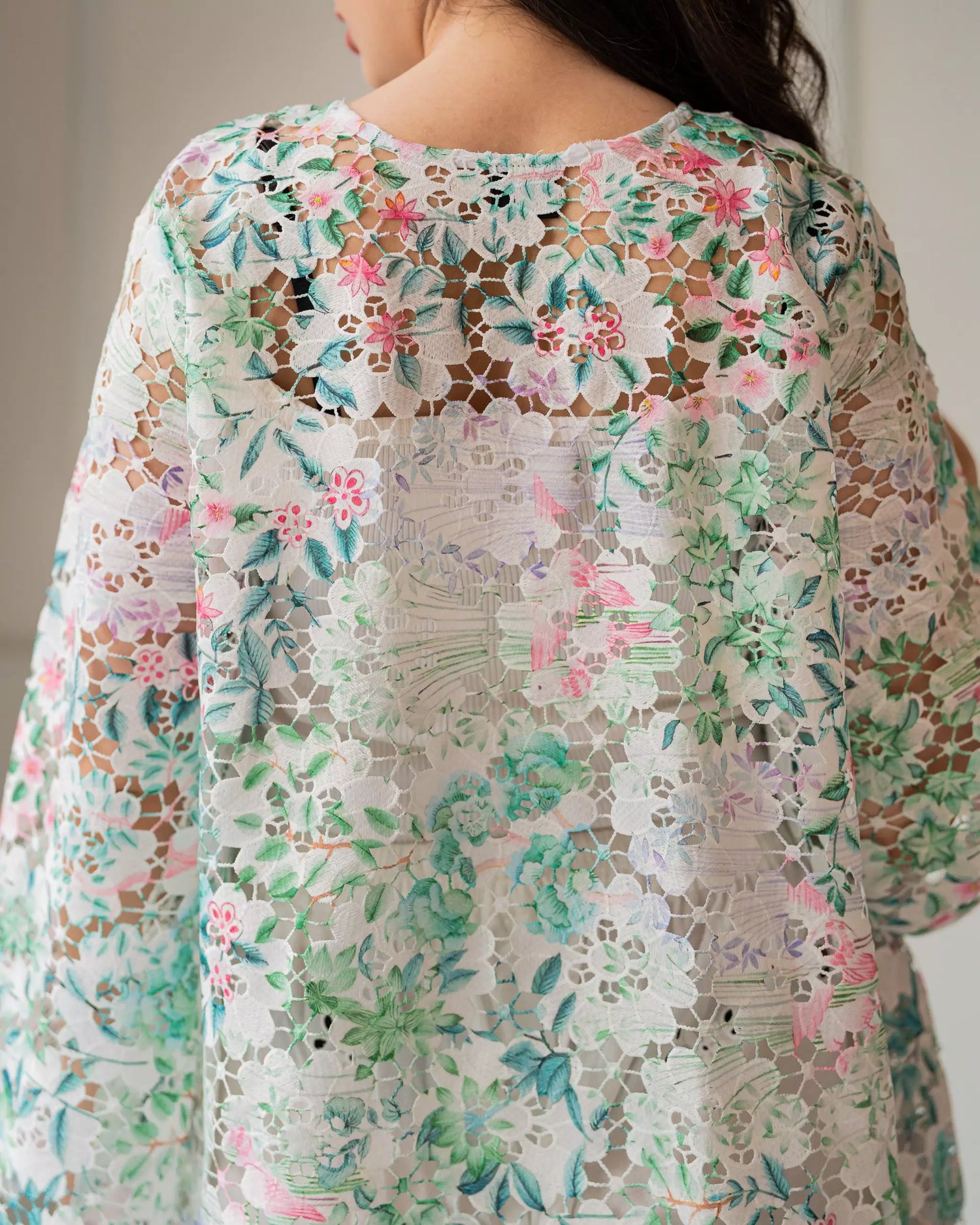 Floral cutwork kaftan shirt with flared sleeves for women