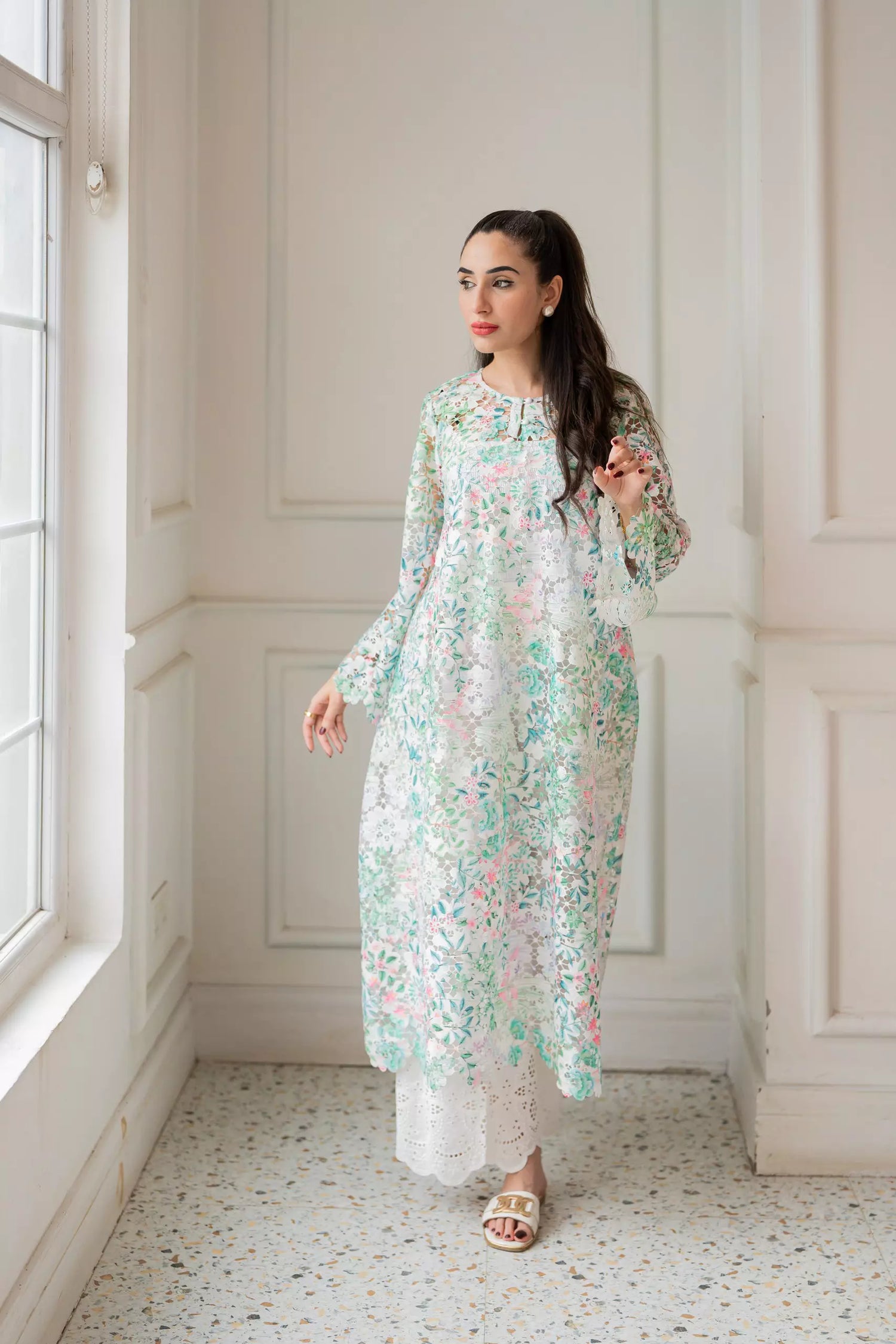 Floral cutwork kaftan shirt with flared sleeves for women