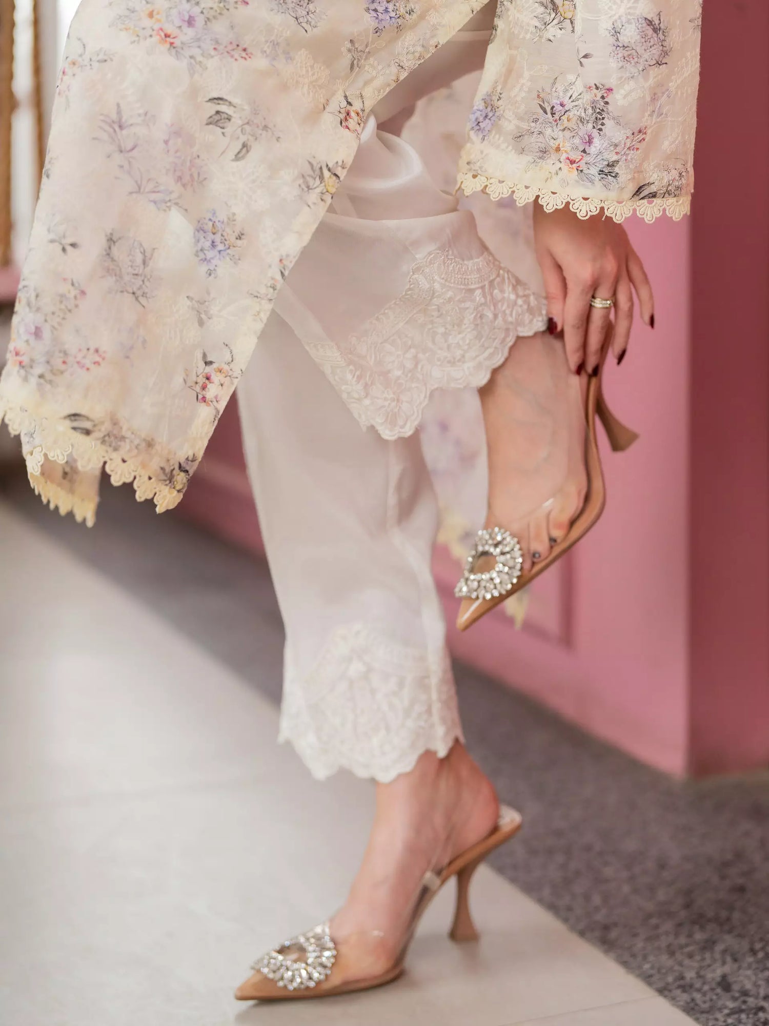 Flared silk trousers with embroidered hem patch for women