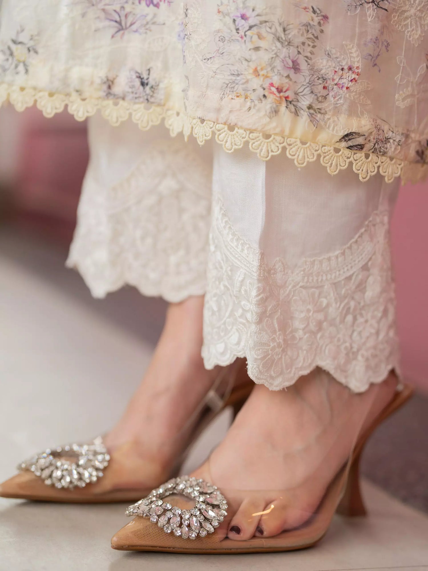Flared silk trousers with embroidered hem patch for women