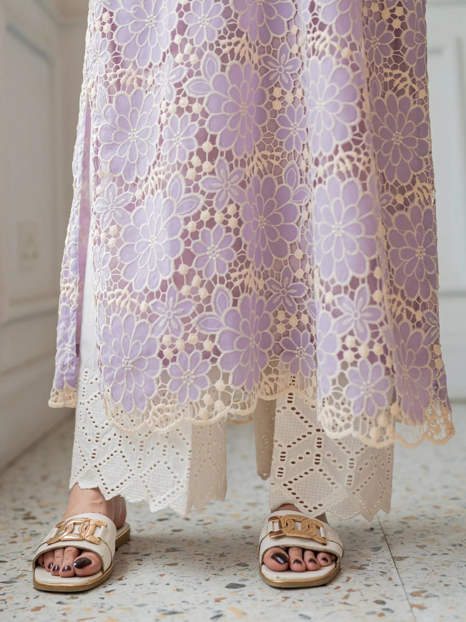 Flared cotton Chikankari trousers with embroidered hem