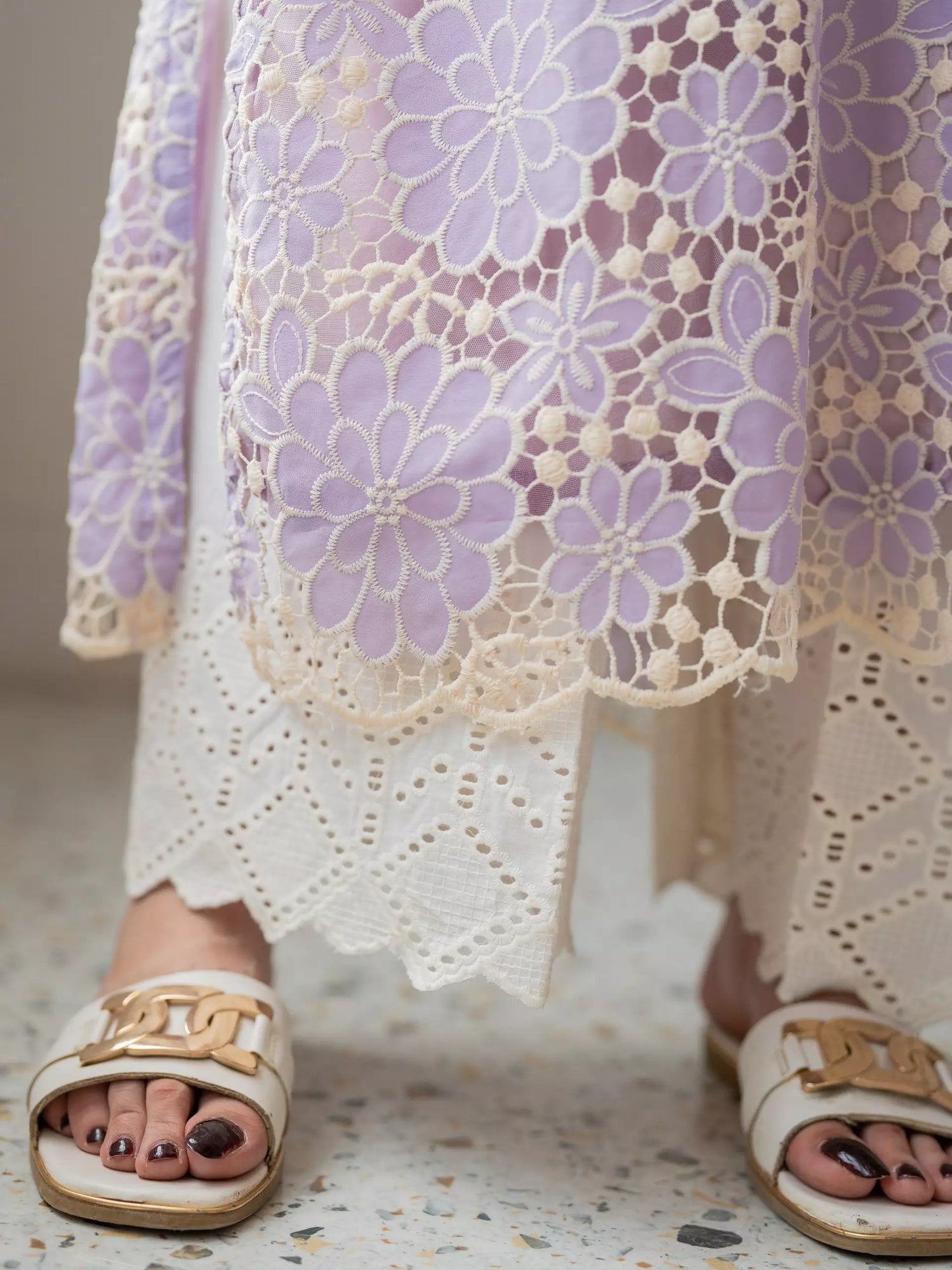Flared cotton Chikankari trousers with embroidered hem