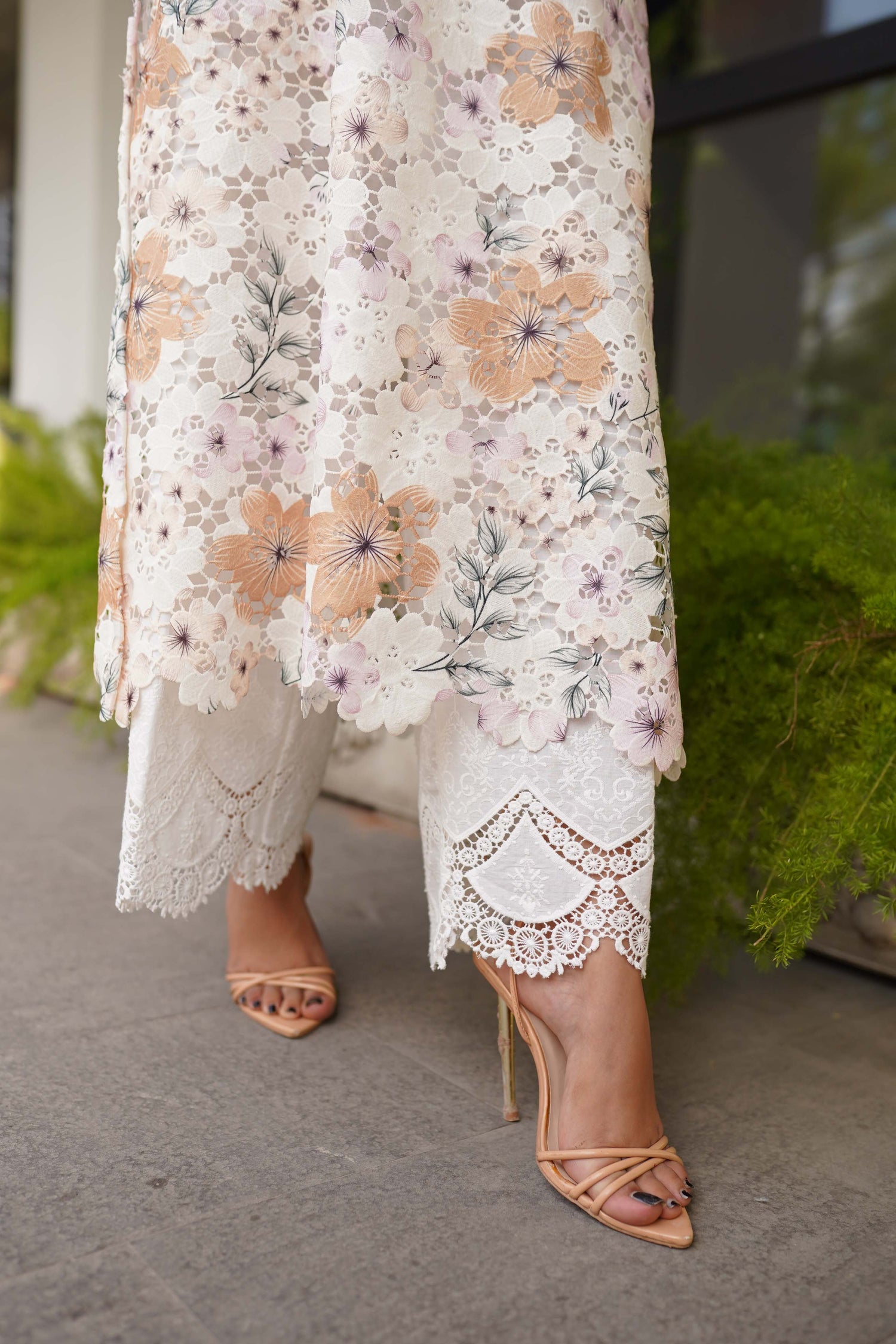 Luxury Schiffli Chikan embroidered cotton trousers for women