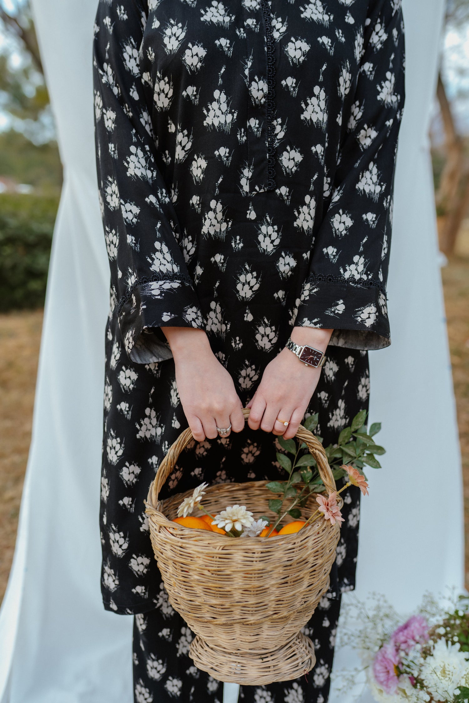 Black and white Floral Mareena printed separate with lace detailing