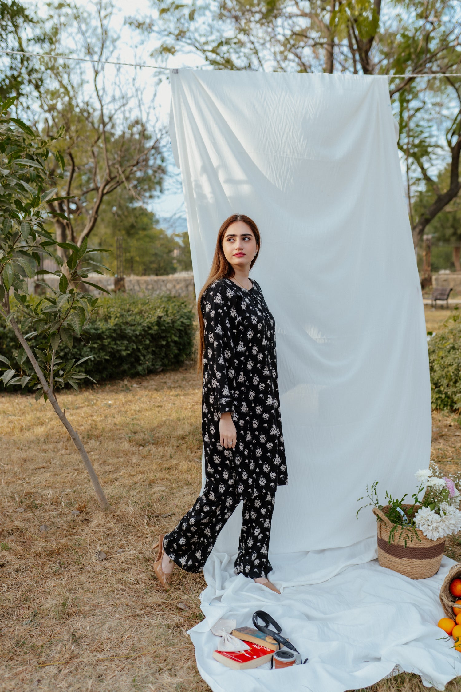 Black and white Floral Mareena printed separate with lace detailing
