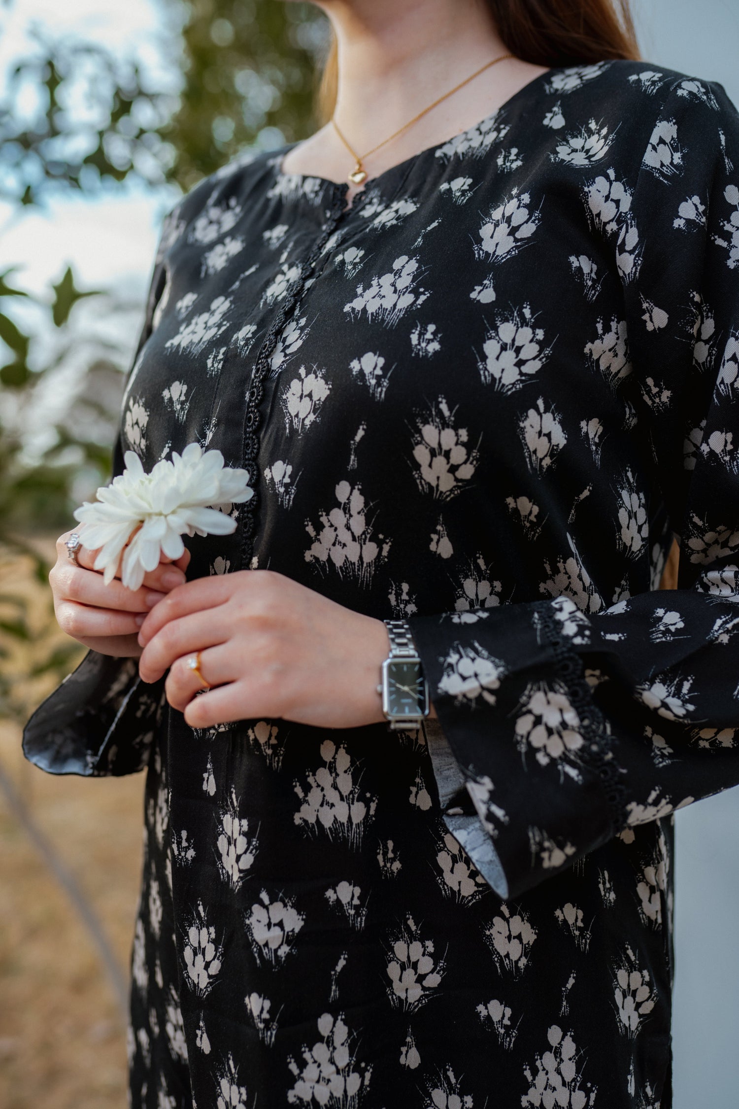 Black and white Floral Mareena printed separate with lace detailing
