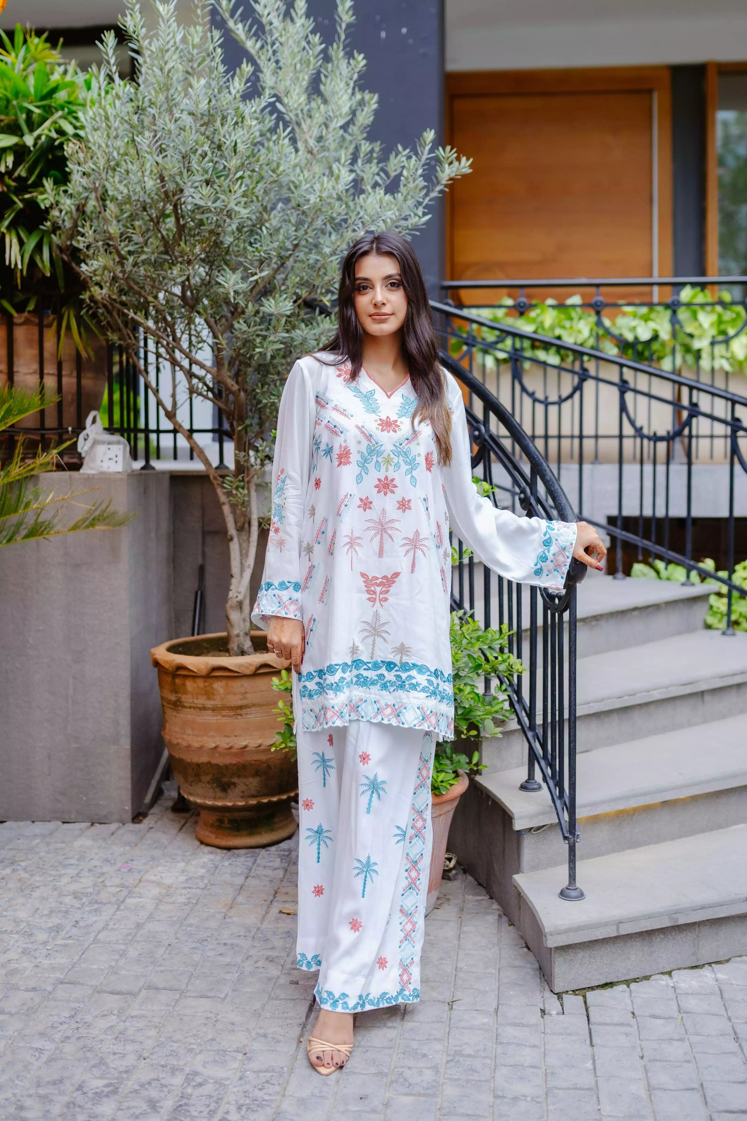 White georgette cord set with tropical embroidery