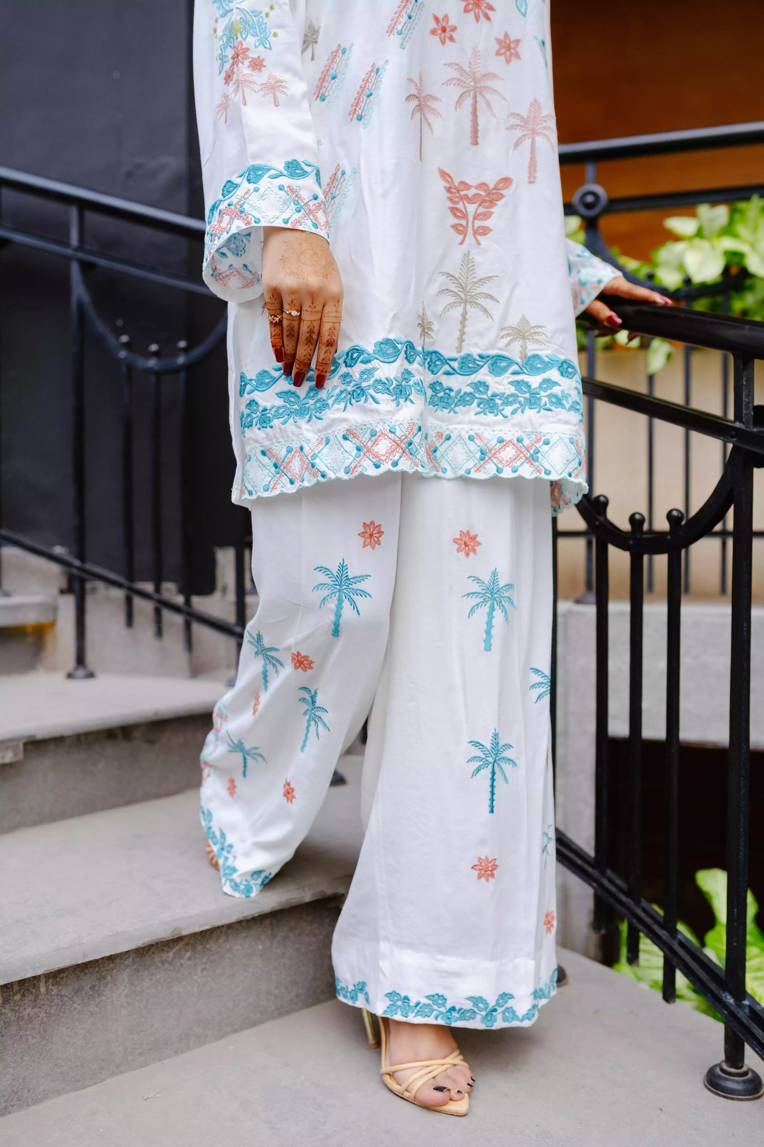 White georgette cord set with tropical embroidery