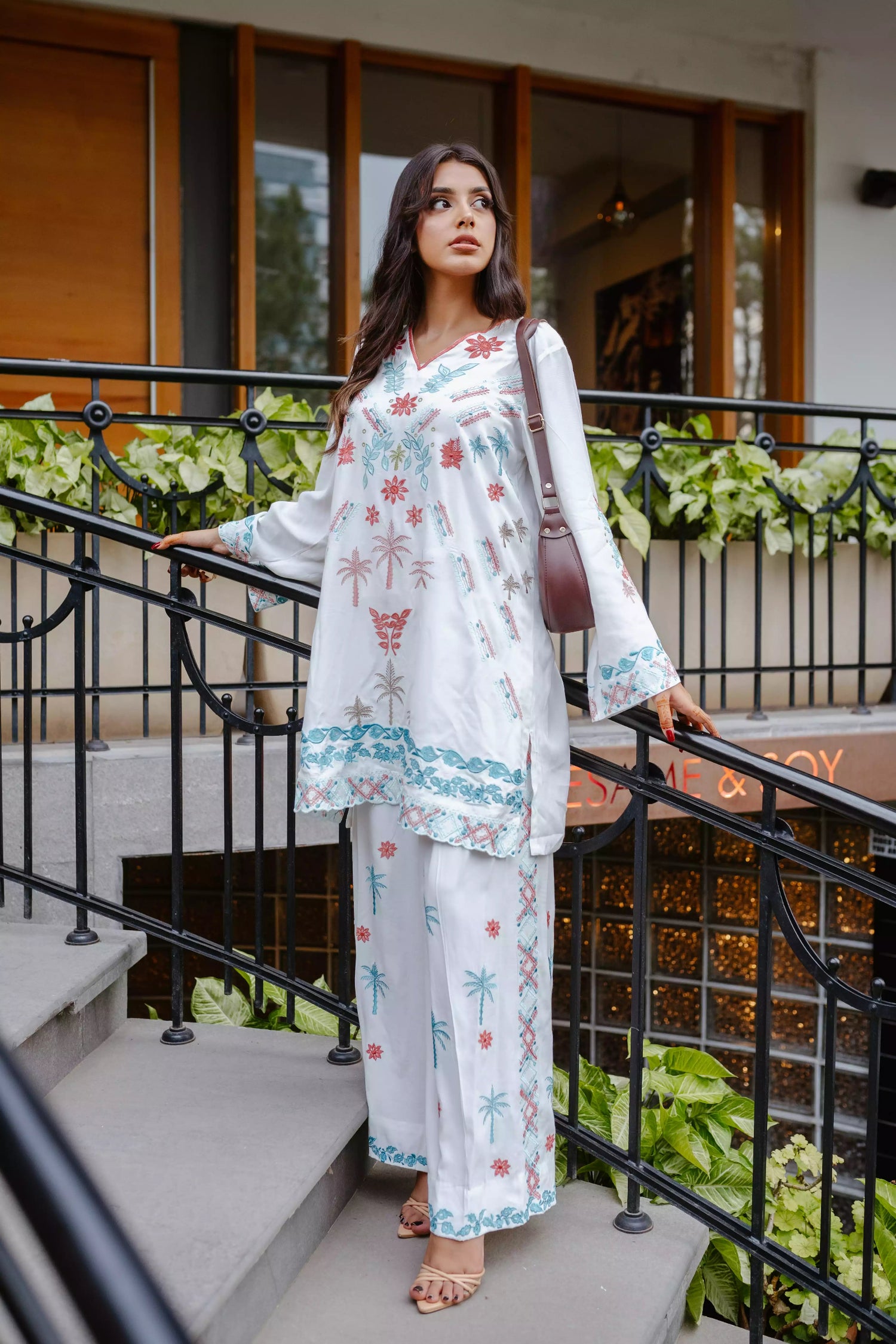 White georgette cord set with tropical embroidery