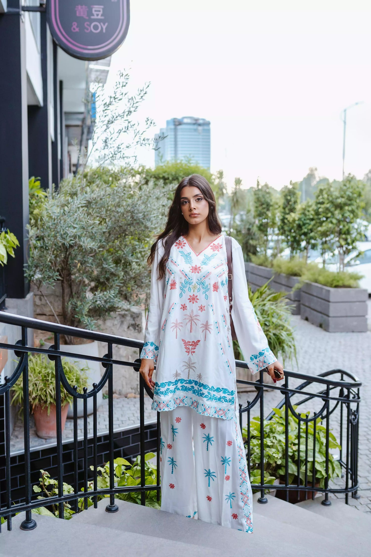 White georgette cord set with tropical embroidery