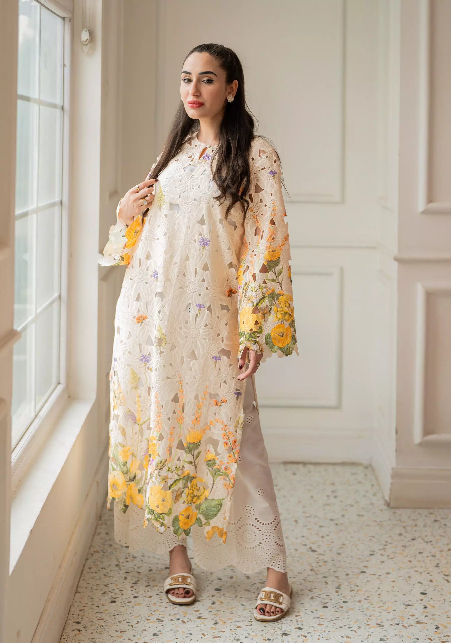 Floral Schiffli chikankari  shirt with botanical print