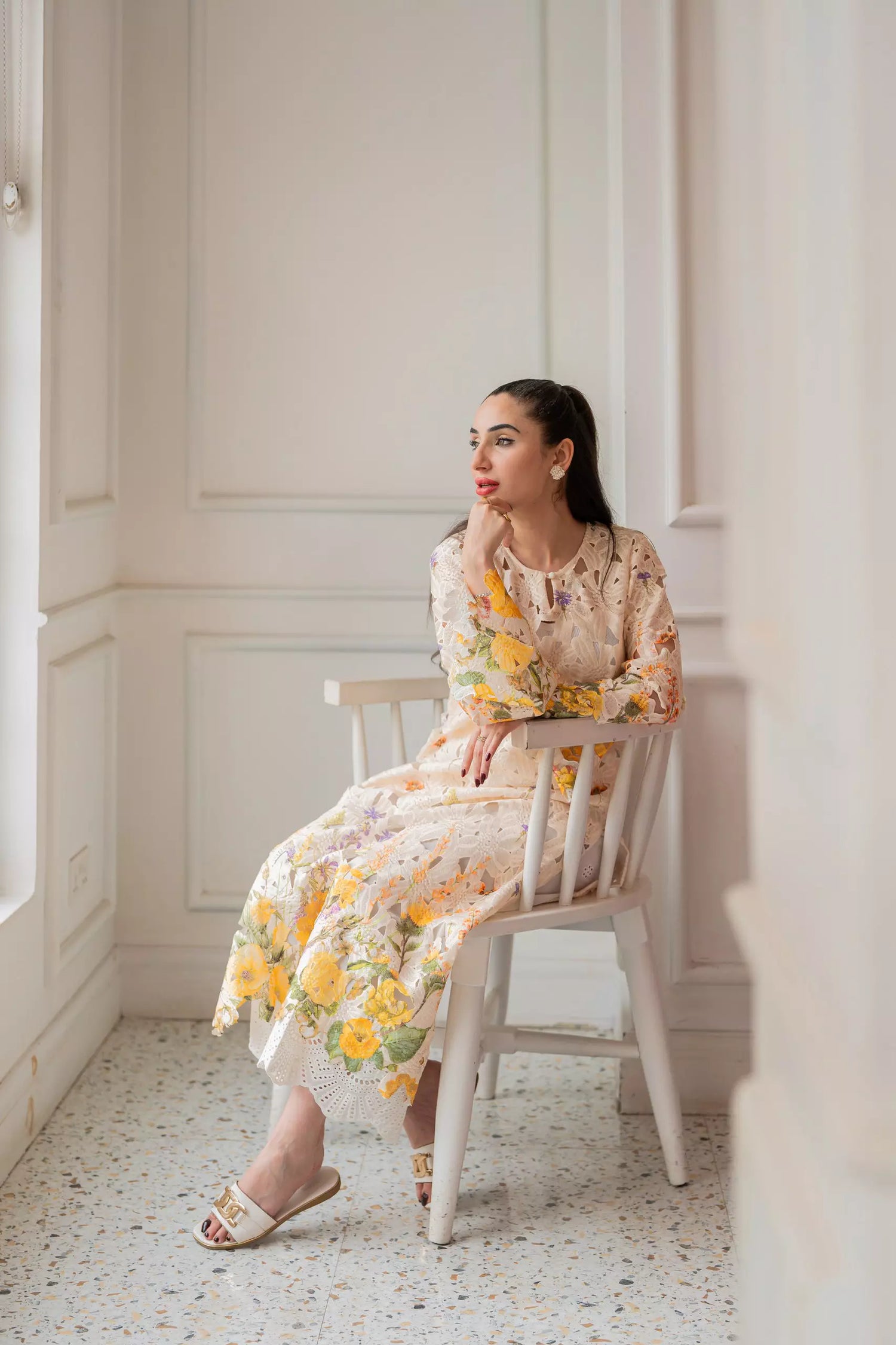 Floral Schiffli chikankari  shirt with botanical print