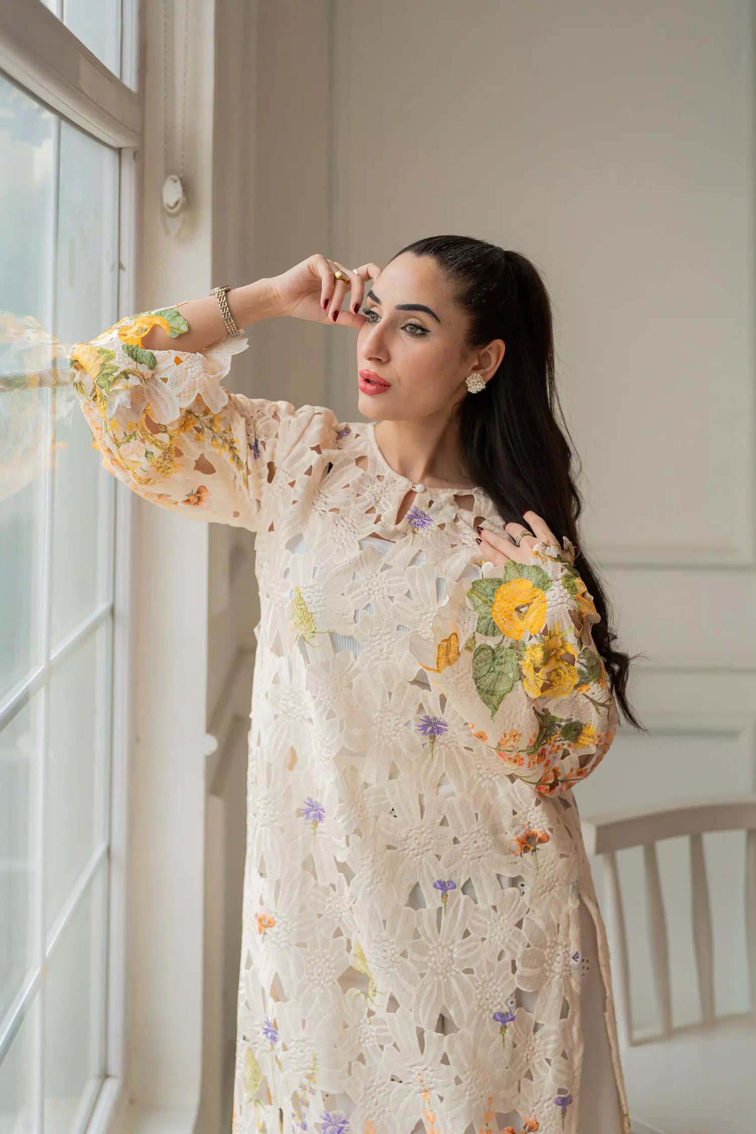 Floral Schiffli chikankari  shirt with botanical print
