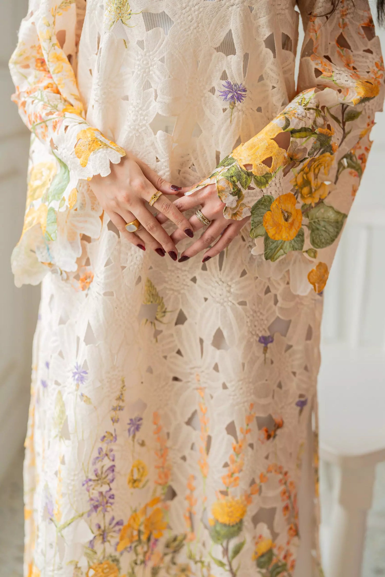 Floral Schiffli chikankari  shirt with botanical print