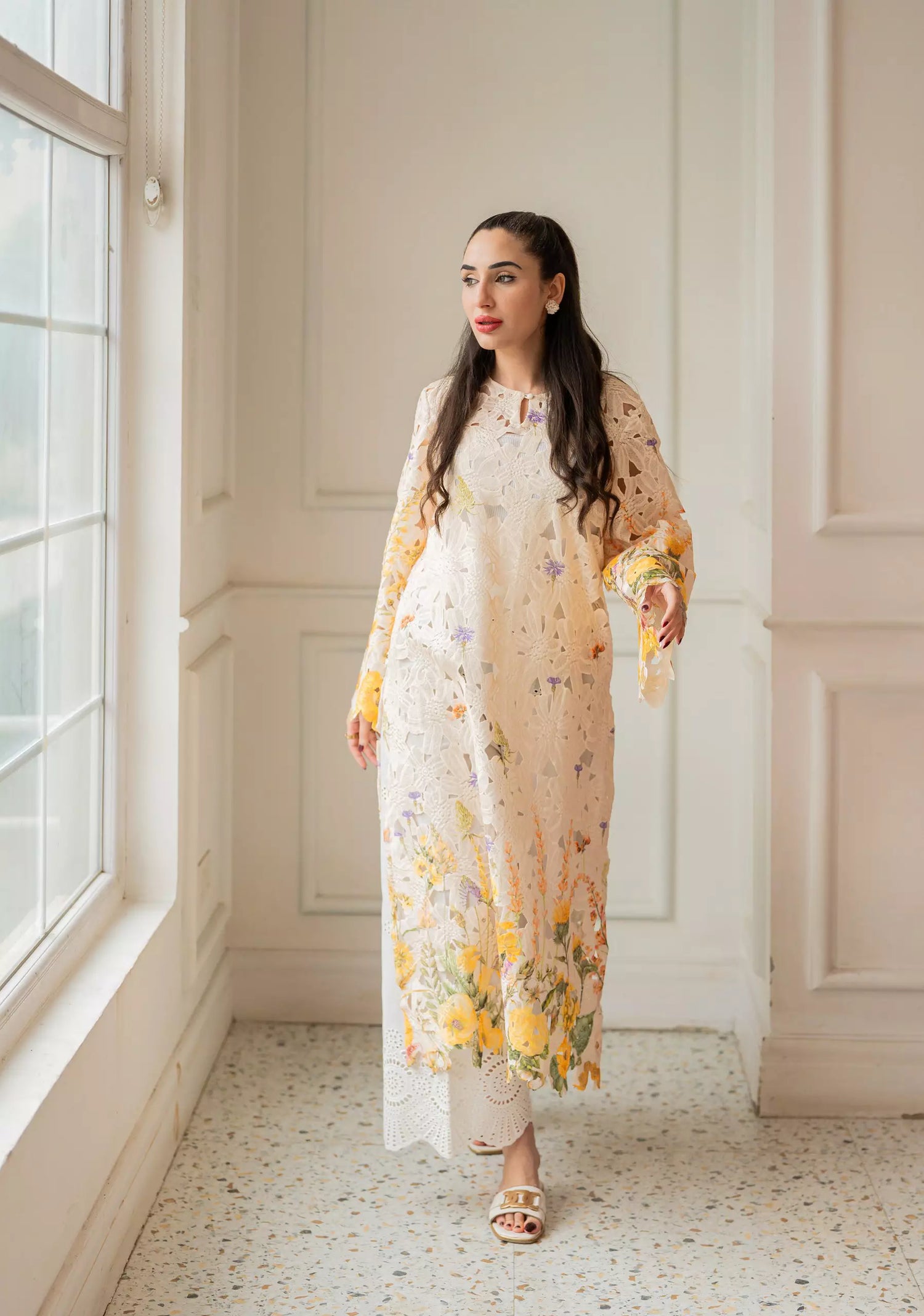 Floral Schiffli chikankari  shirt with botanical print