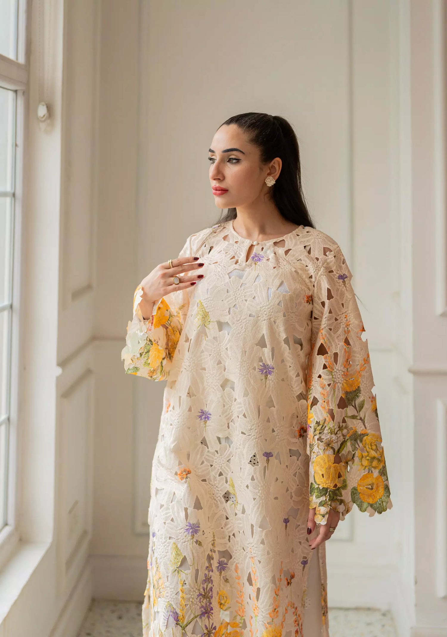 Floral Schiffli chikankari  shirt with botanical print