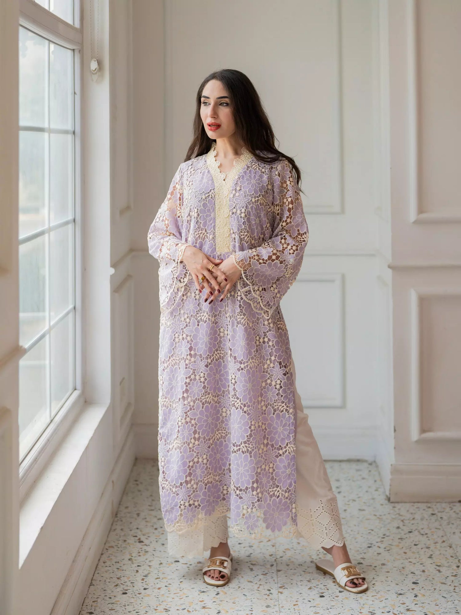 Lilac Schiffli chikankari embroidered pret set for women