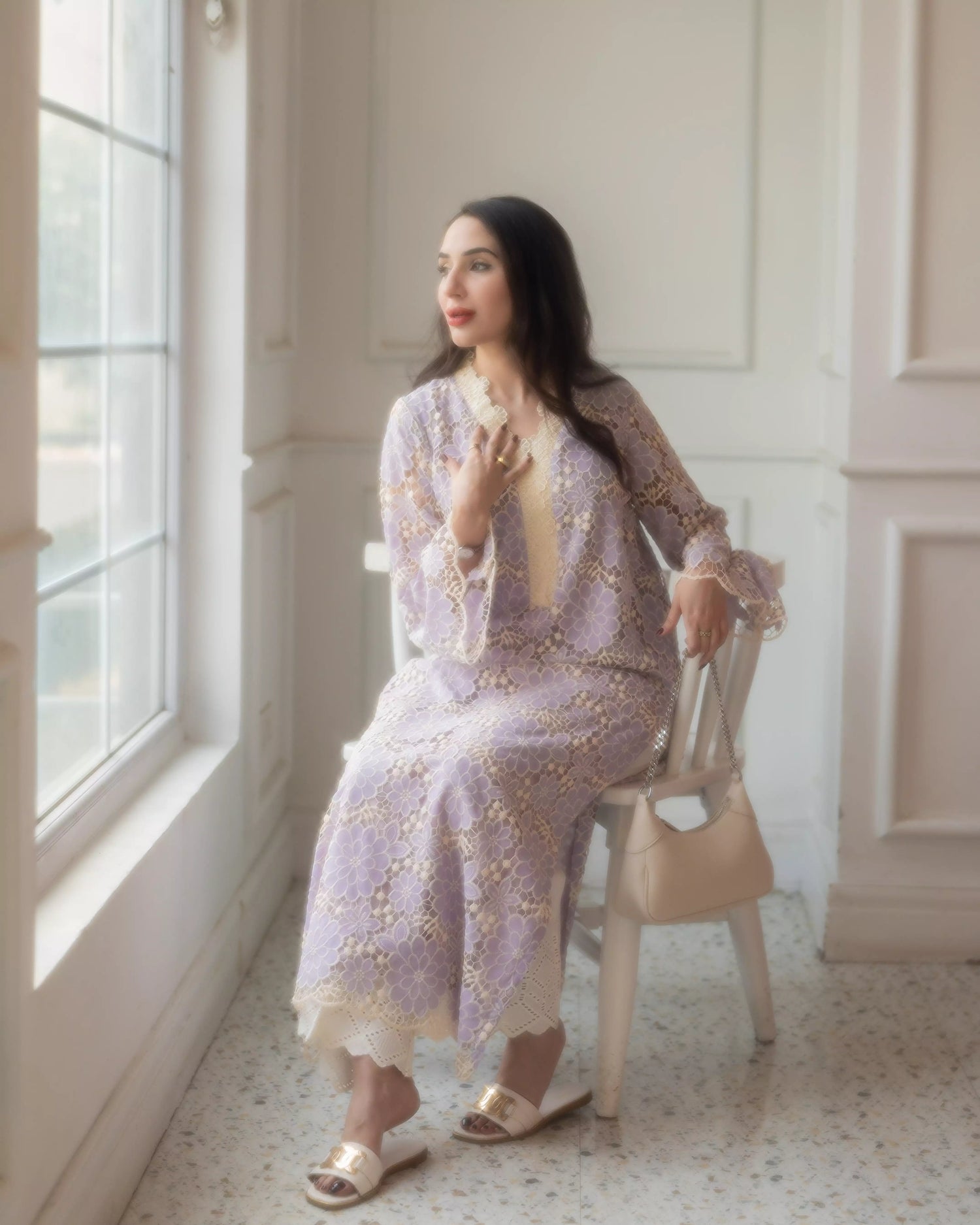 Lilac Schiffli chikankari embroidered pret set for women