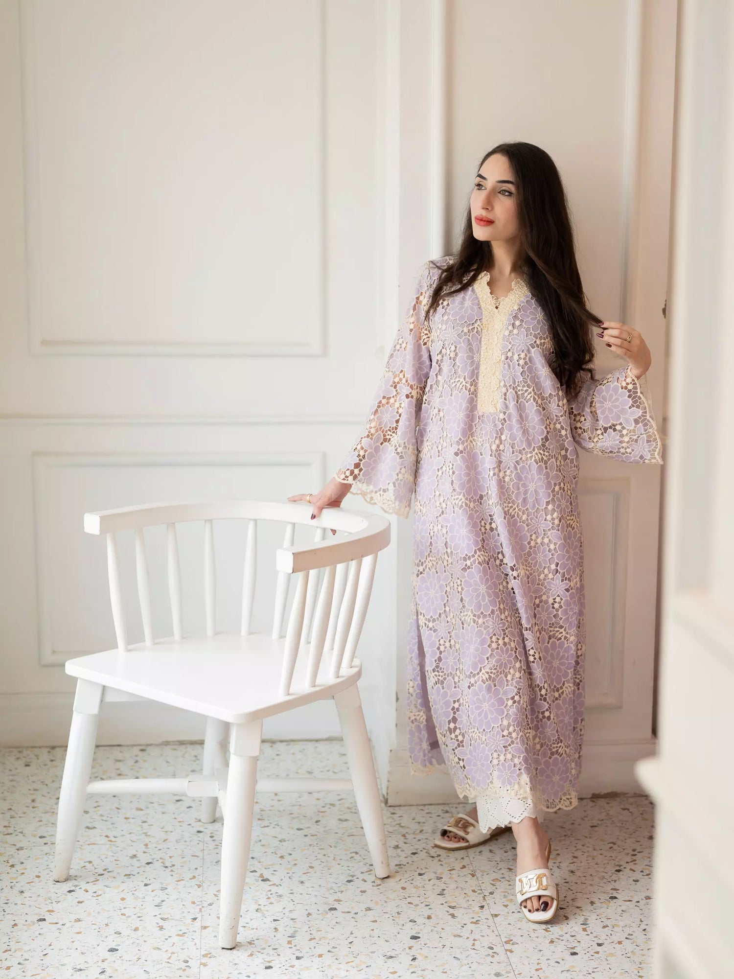 Lilac Schiffli chikankari embroidered pret set for women