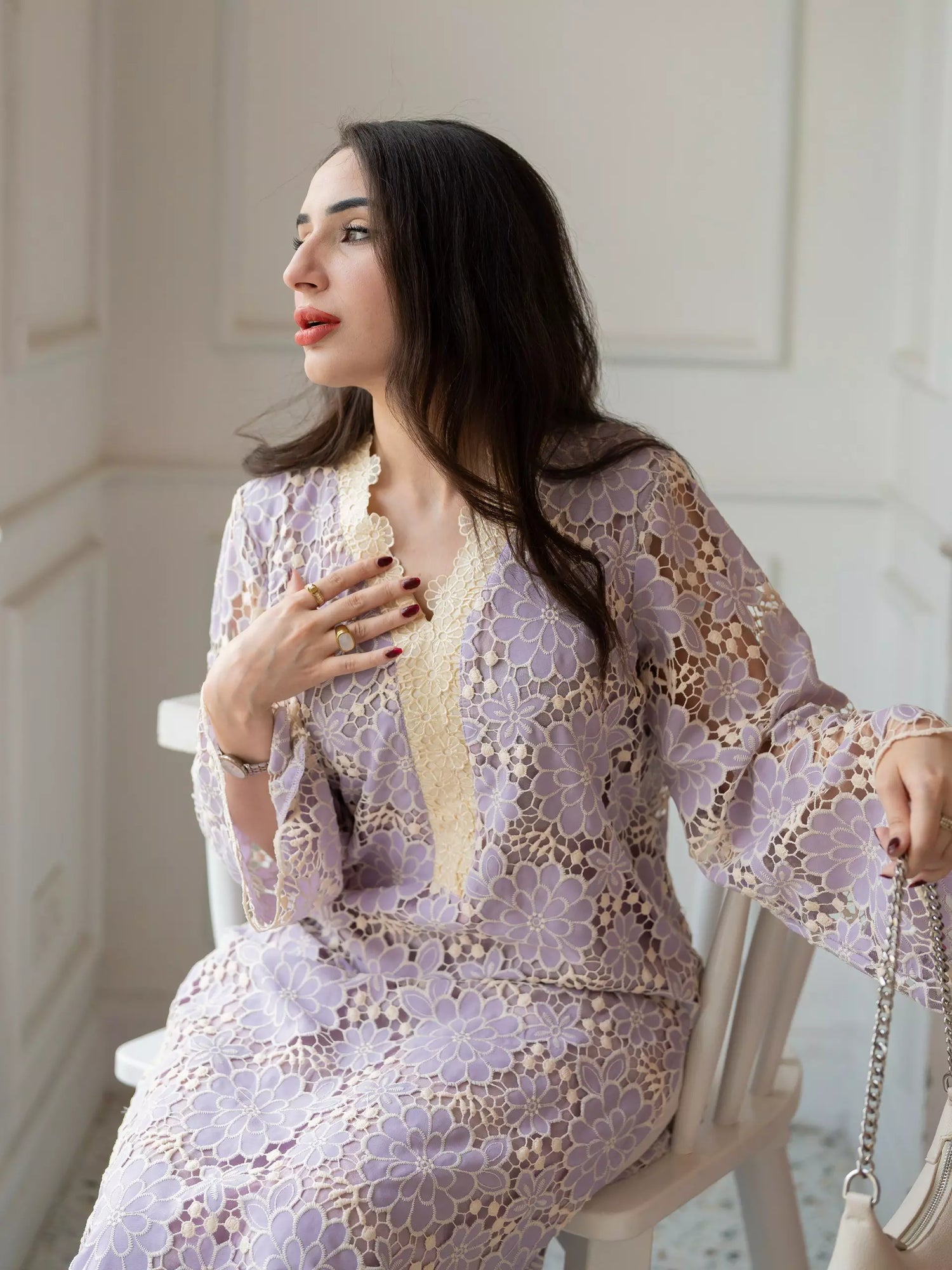 Lilac Schiffli chikankari embroidered pret set for women