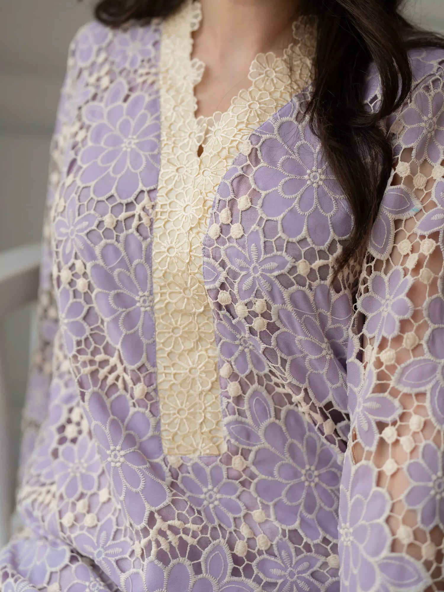 Lilac Schiffli chikankari embroidered pret set for women