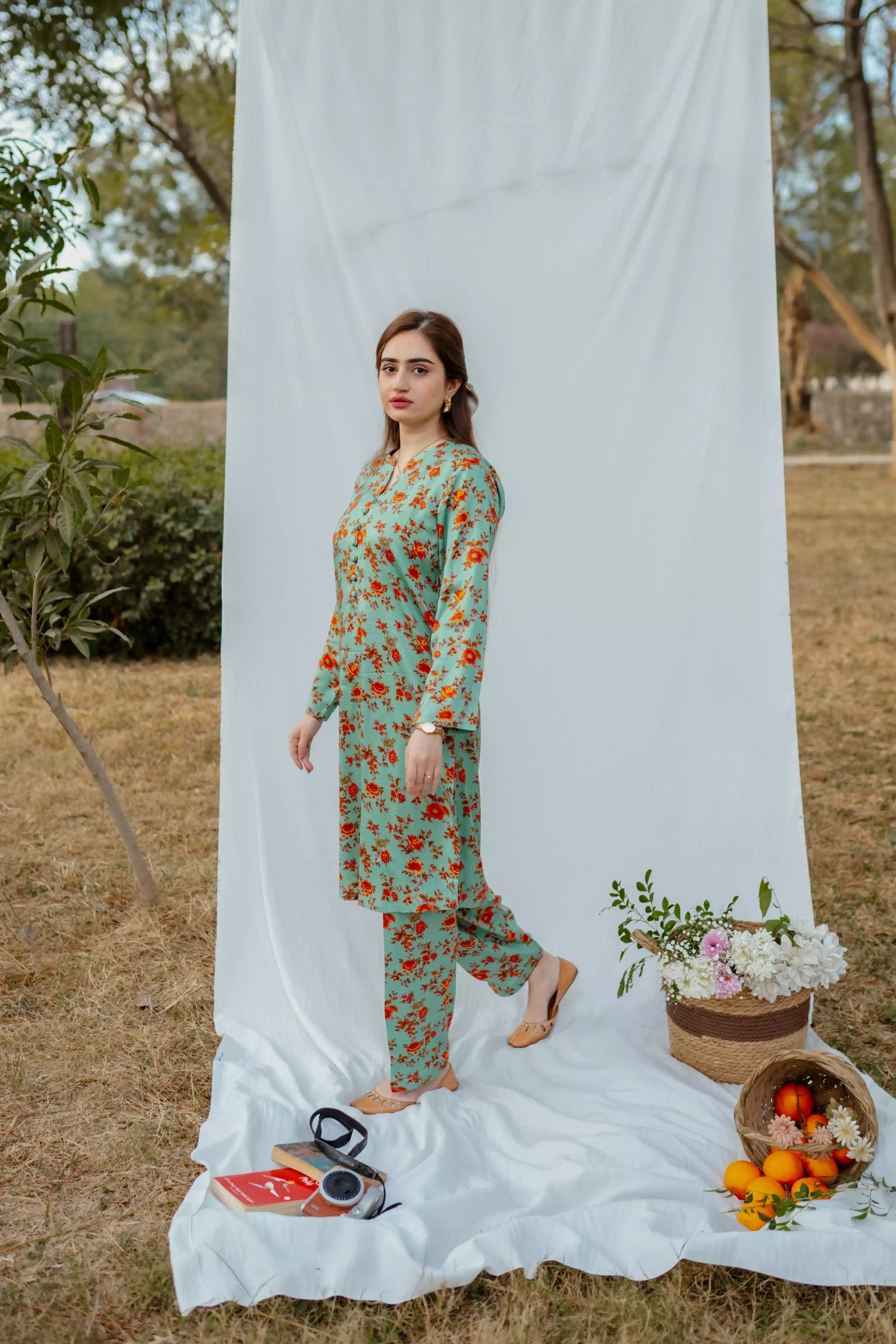 Mint green floral Mareena kameez with flared shalwar