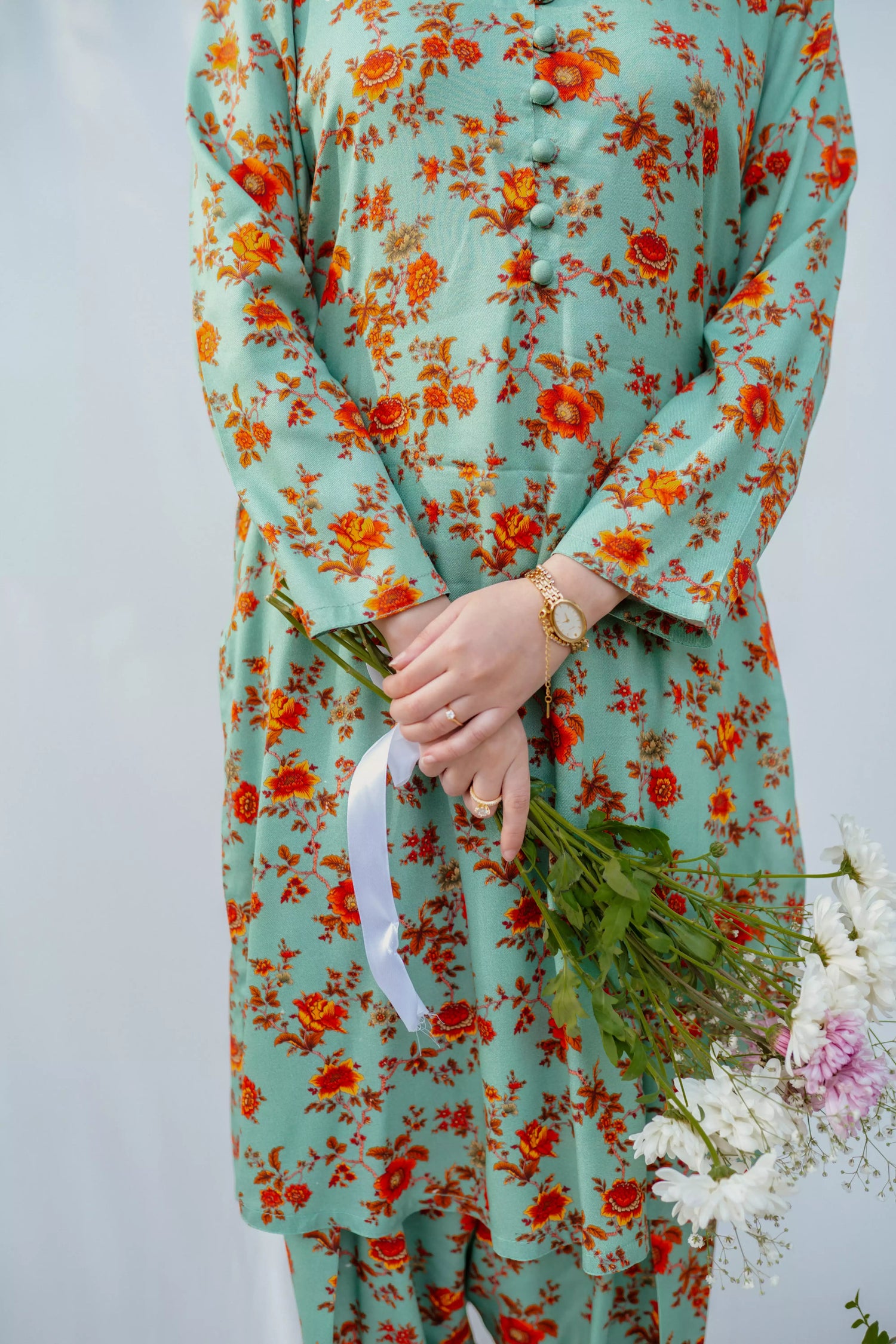 Mint green floral Mareena kameez with flared shalwar