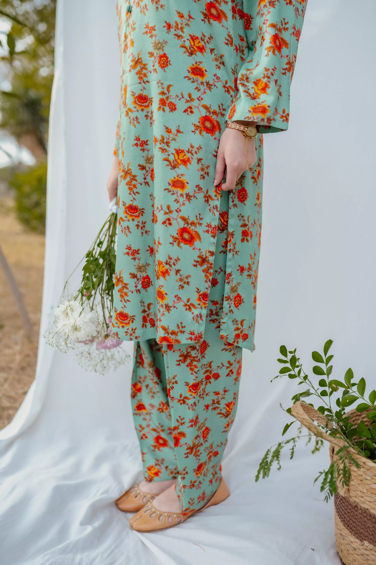 Mint green floral Mareena kameez with flared shalwar