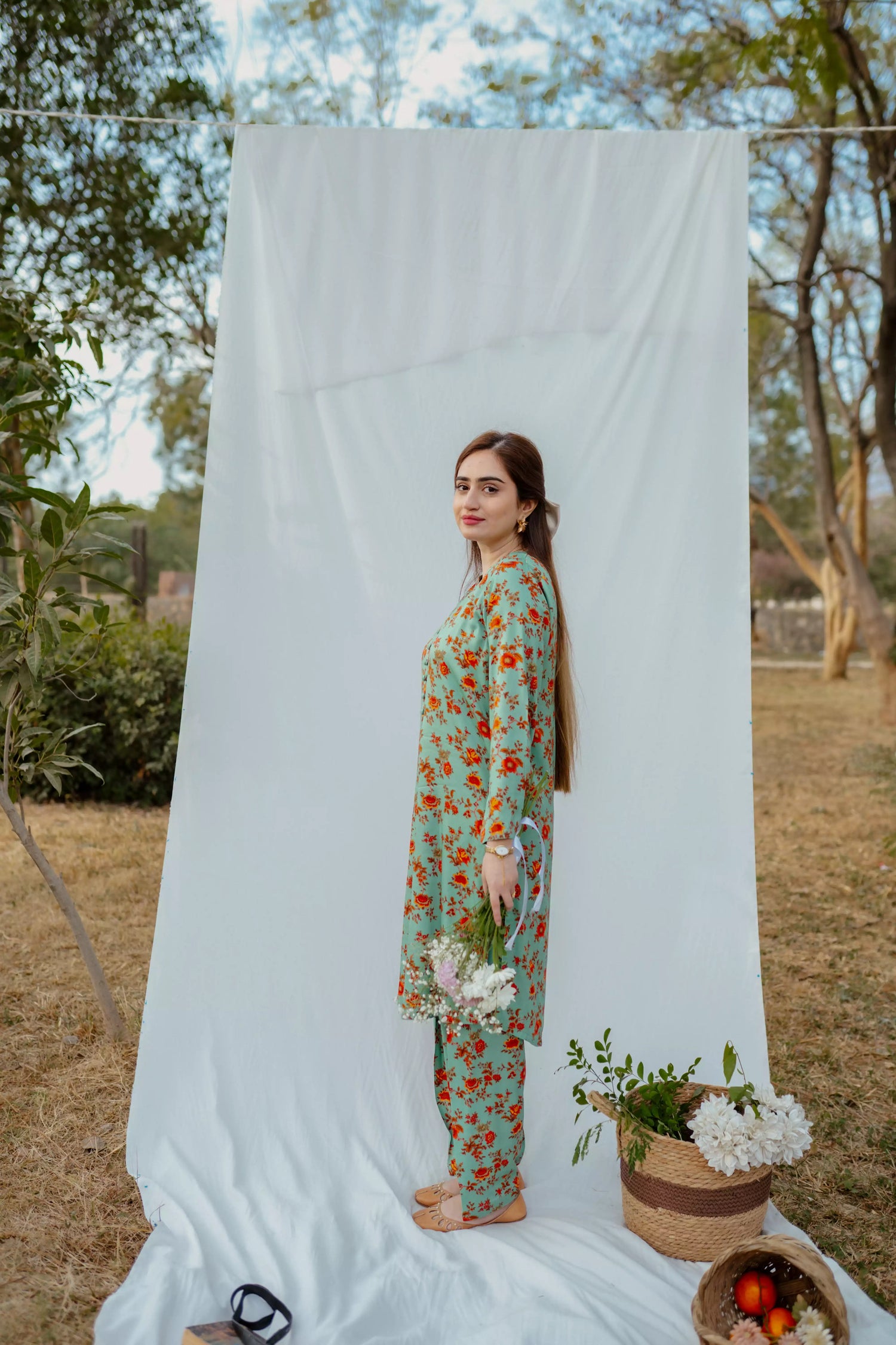 Mint green floral Mareena kameez with flared shalwar