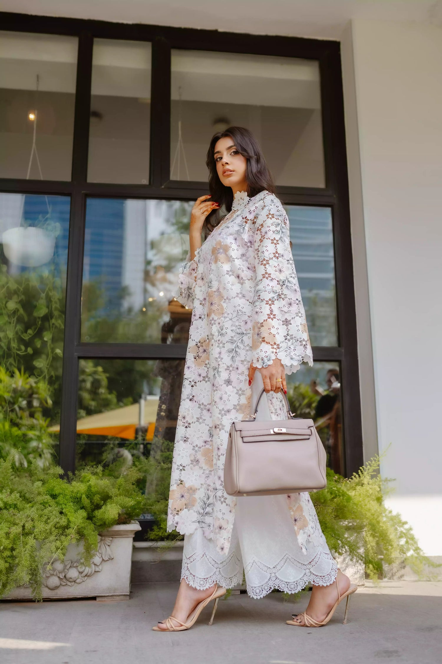 Breathable floral Schiffli Kaftan Chikan kurta with flared sleeves