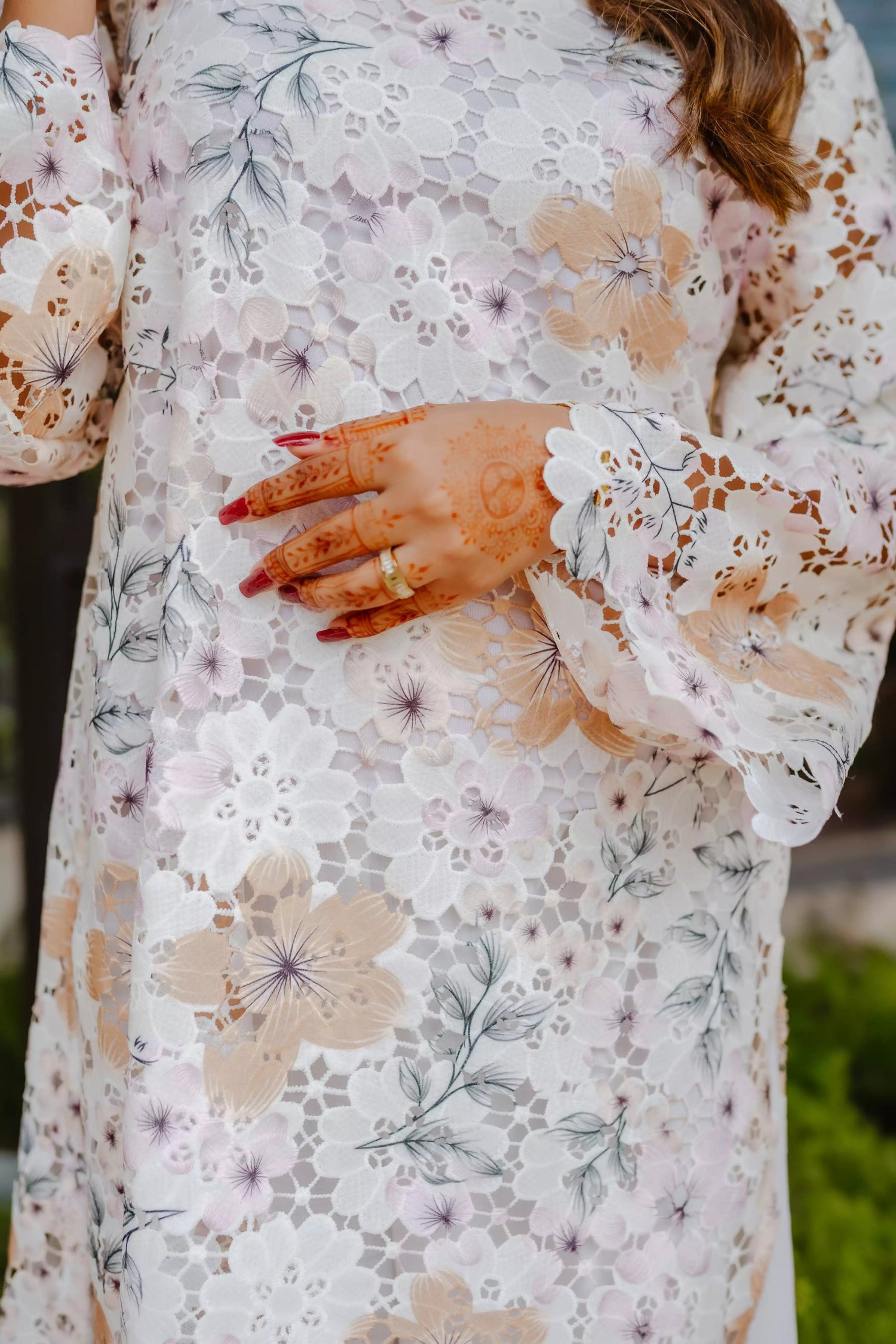 Breathable floral Schiffli Kaftan Chikan kurta with flared sleeves