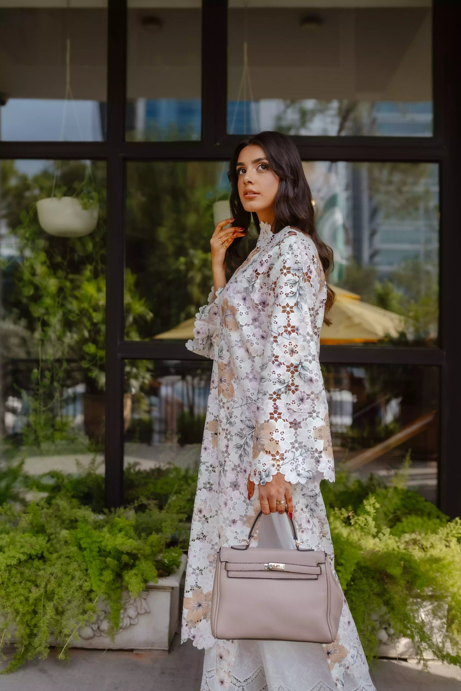 Breathable floral Schiffli Kaftan Chikan kurta with flared sleeves