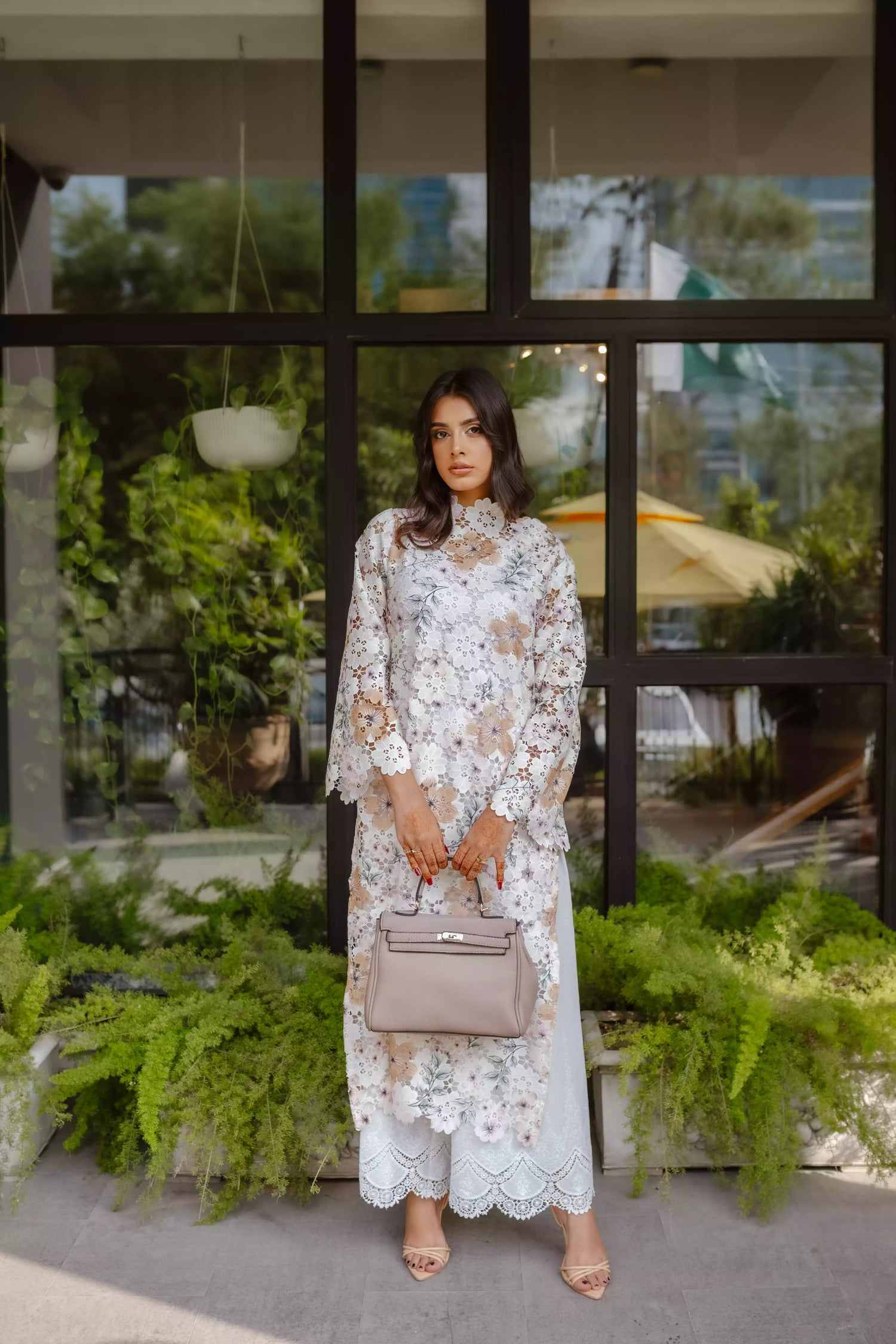 Breathable floral Schiffli Kaftan Chikan kurta with flared sleeves