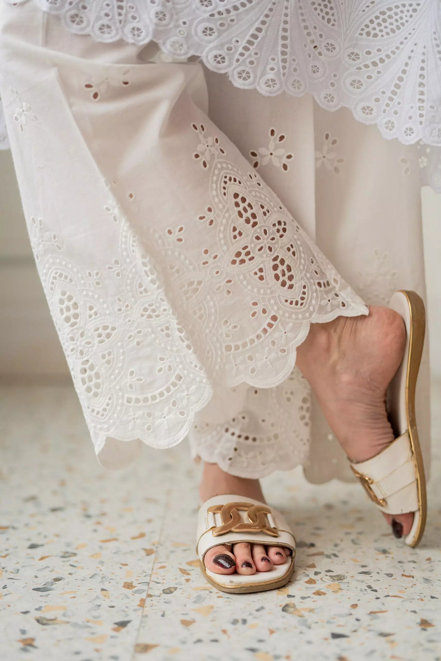 White Schiffli chikankari straight-fit trousers with embroidered hem