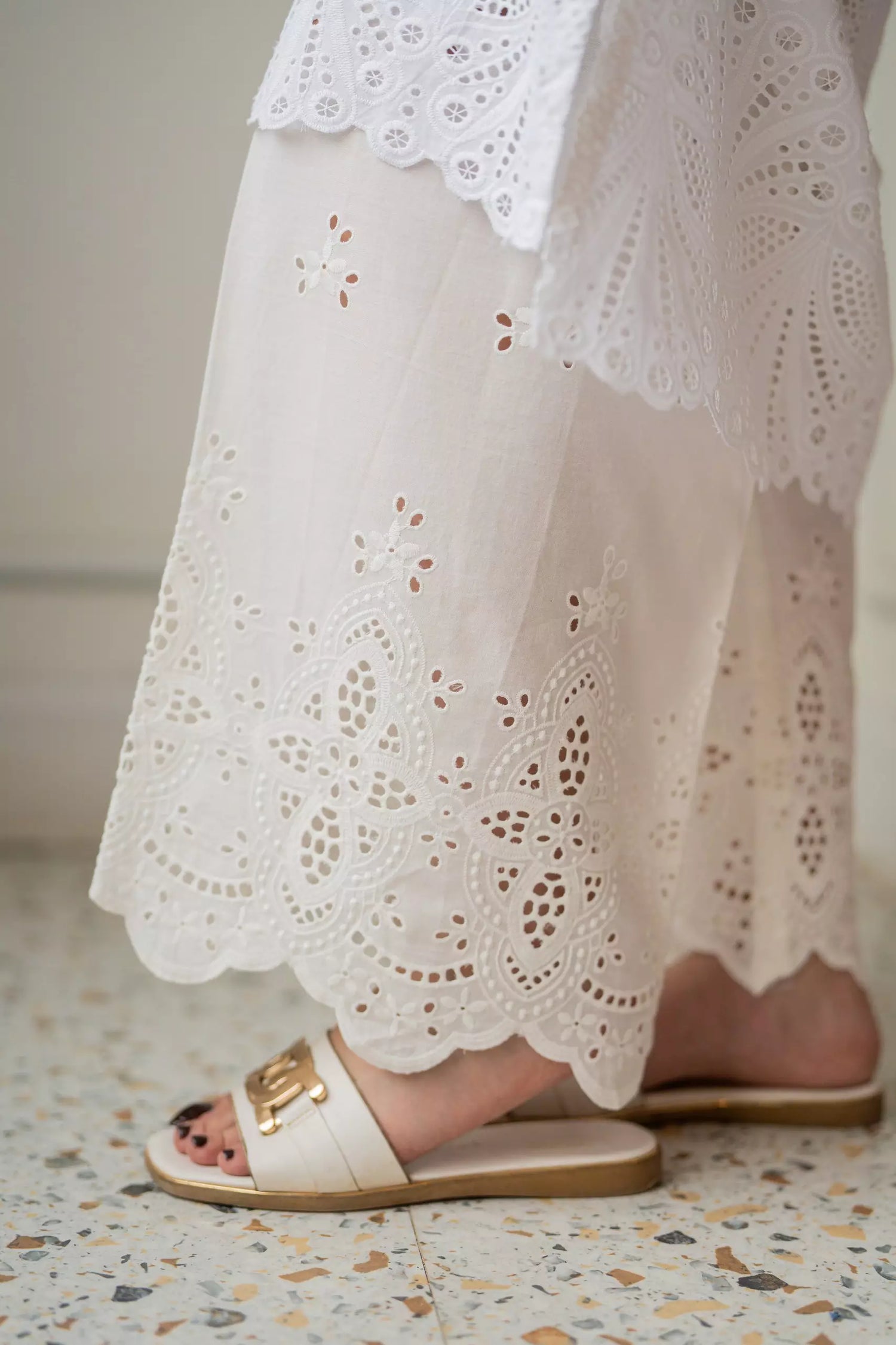 White Schiffli chikankari straight-fit trousers with embroidered hem
