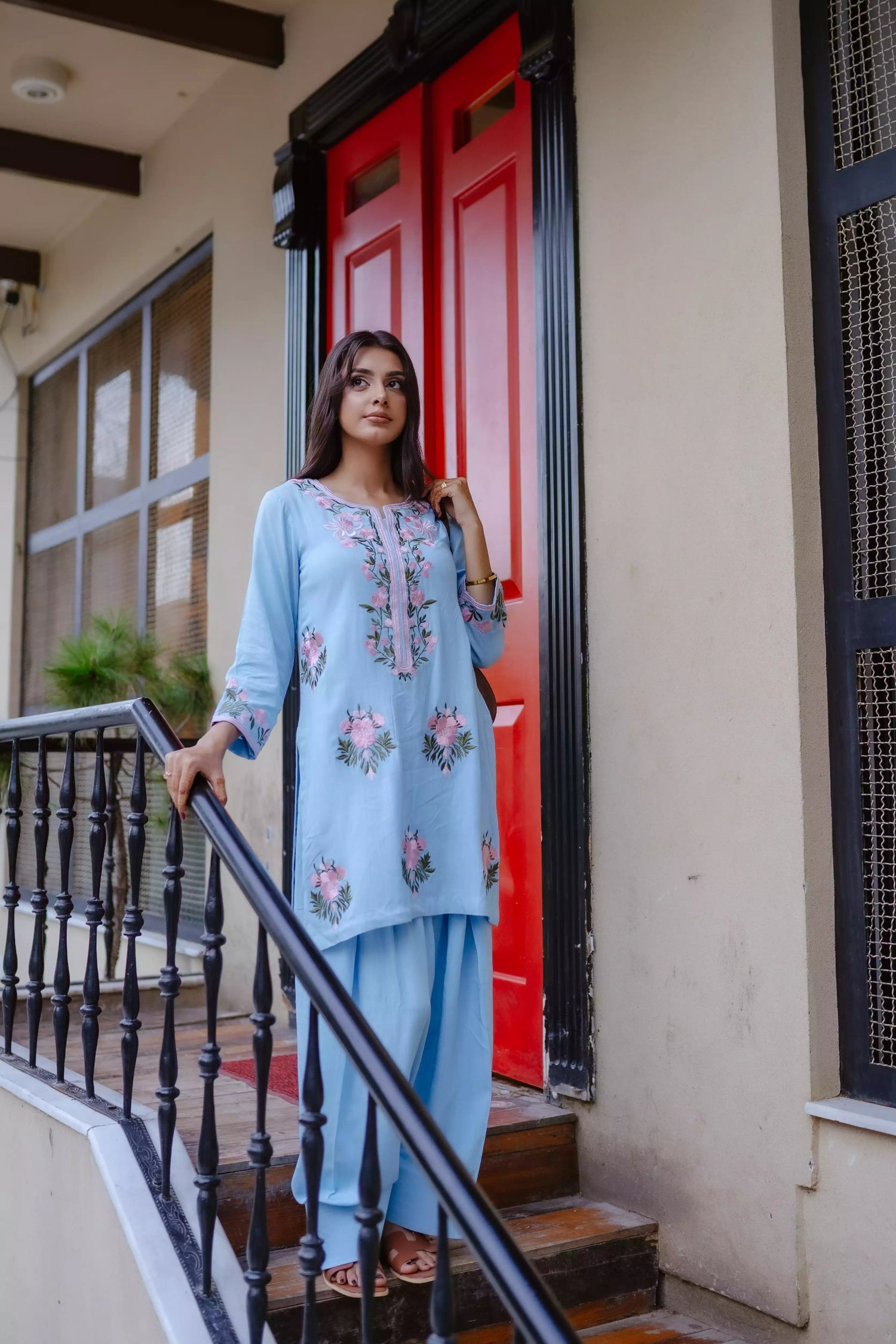 Sky blue Farshi shalwar kameez with hand embroidery 