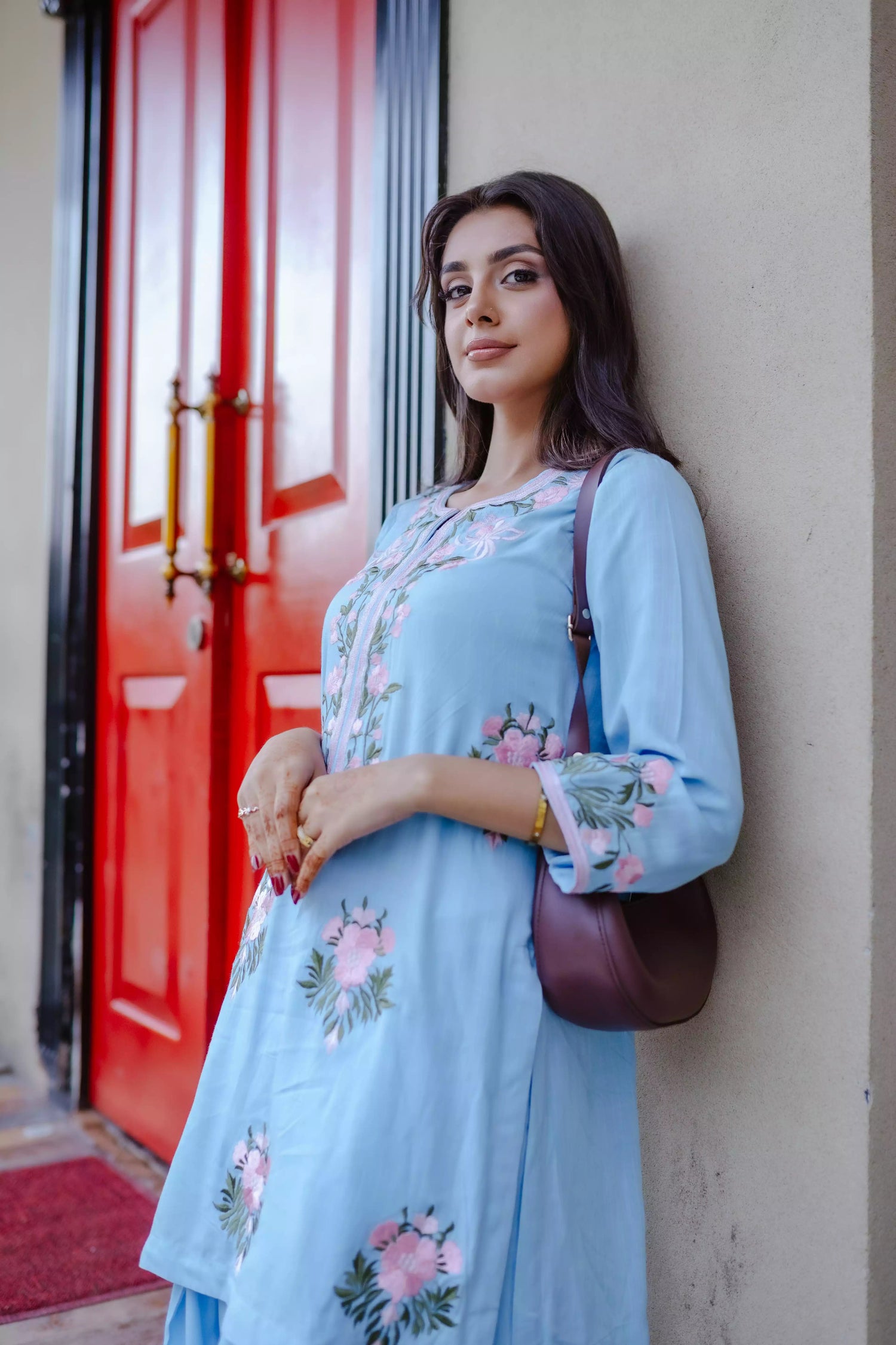 Sky blue Farshi shalwar kameez with hand embroidery 