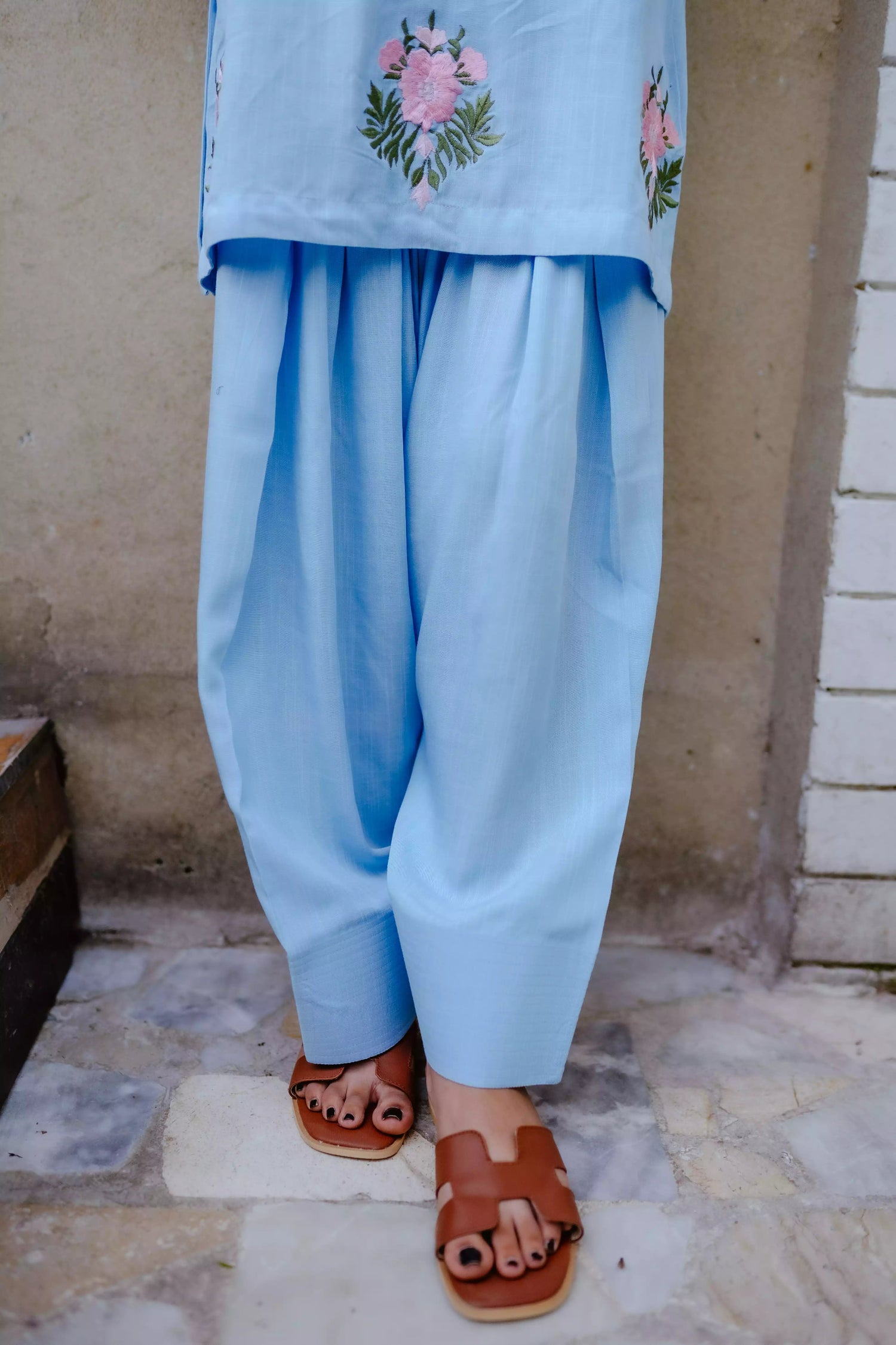 Sky blue Farshi shalwar kameez with hand embroidery 