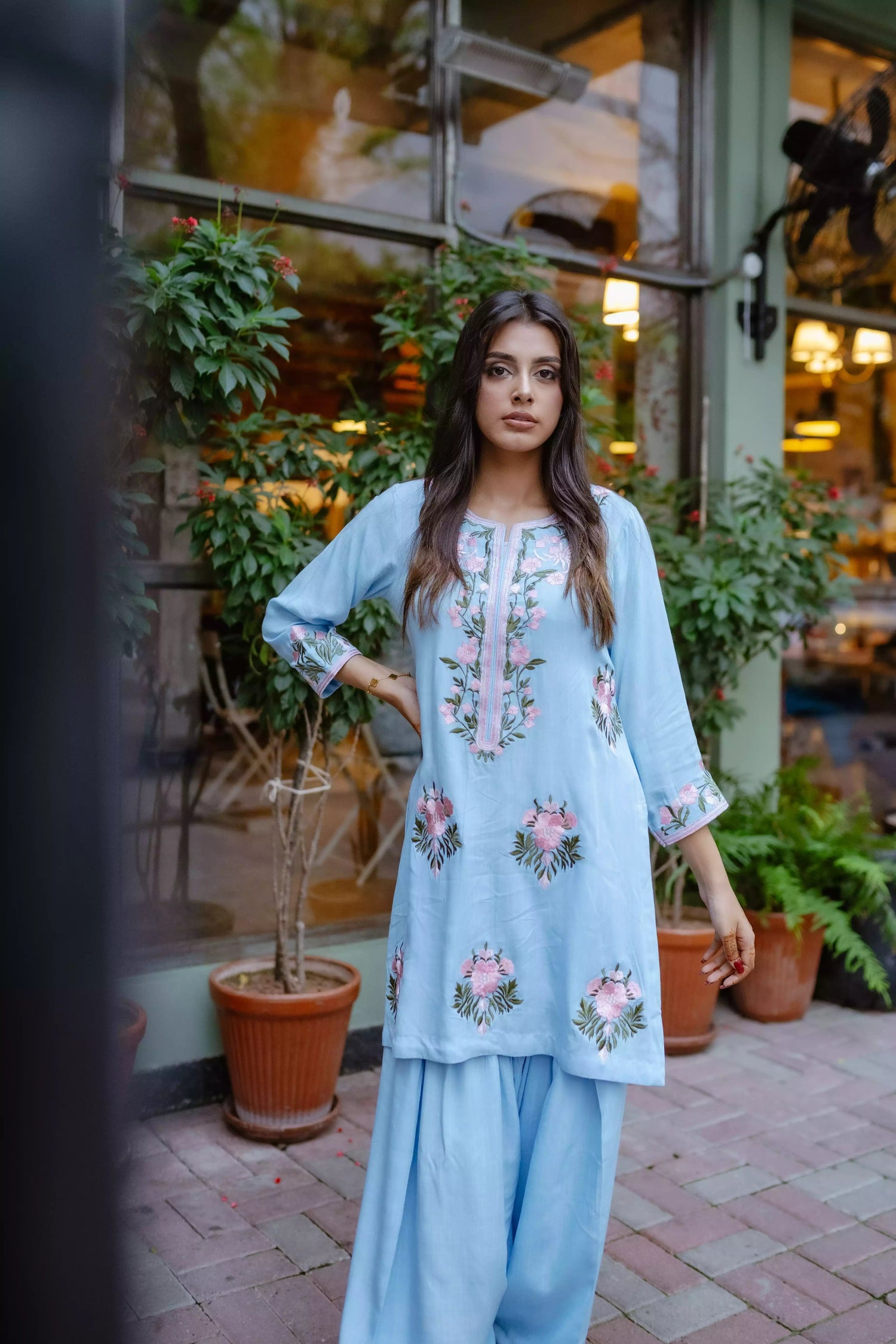 Sky blue Farshi shalwar kameez with hand embroidery 