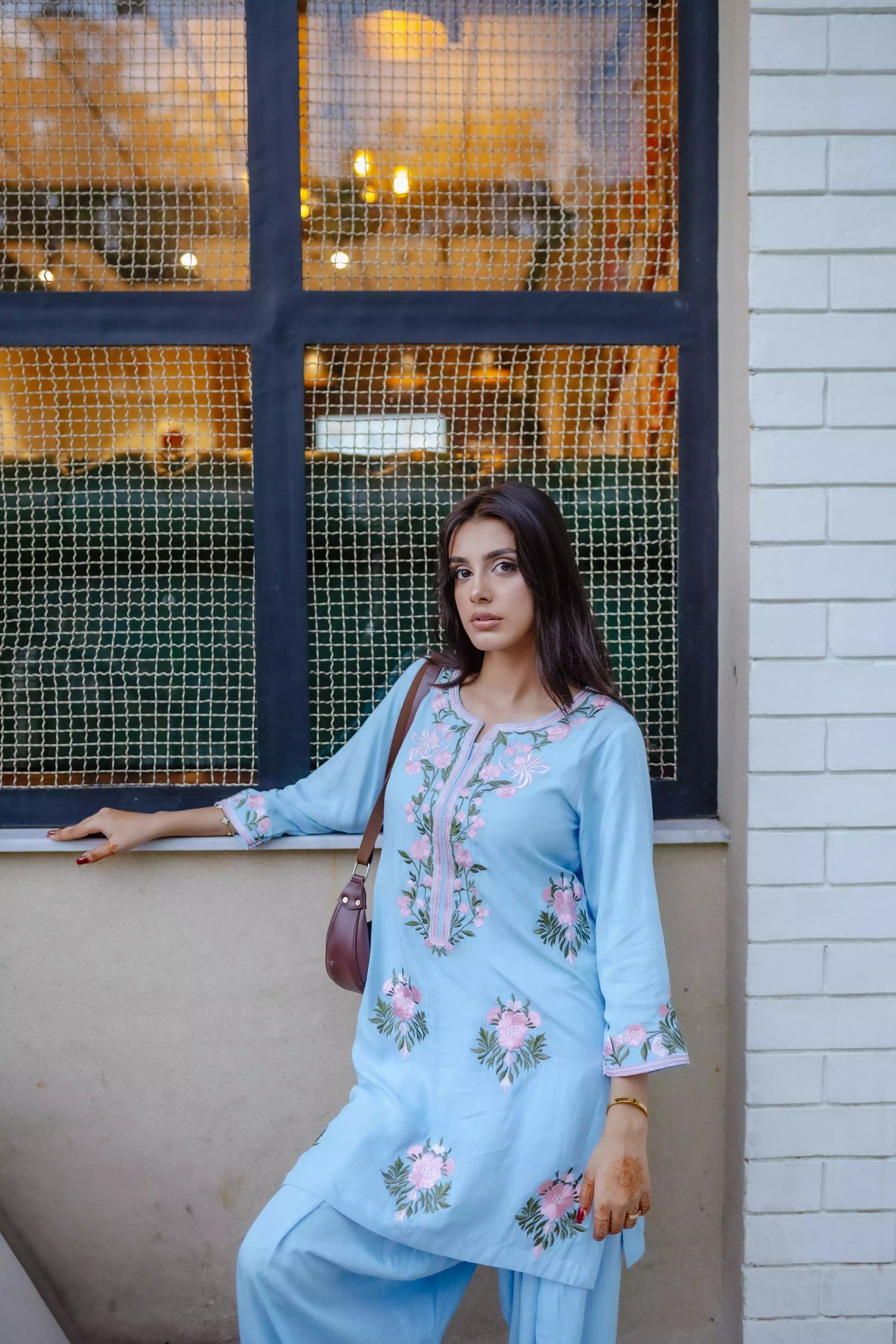 Sky blue Farshi shalwar kameez with hand embroidery 